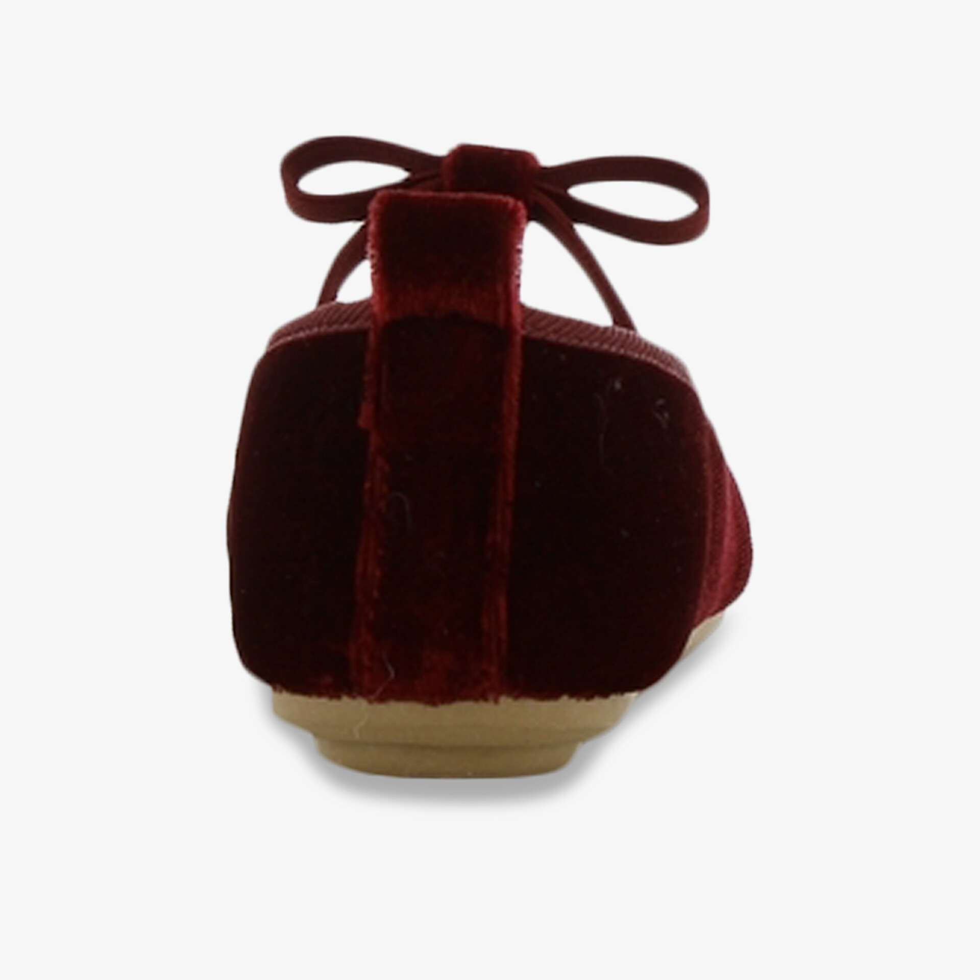 Bordeaux farbener Schuh aus samtigem Material mit dekorativer Schleife, rutschfester Sohle und komfortablem Schnitt hinten sichtbar