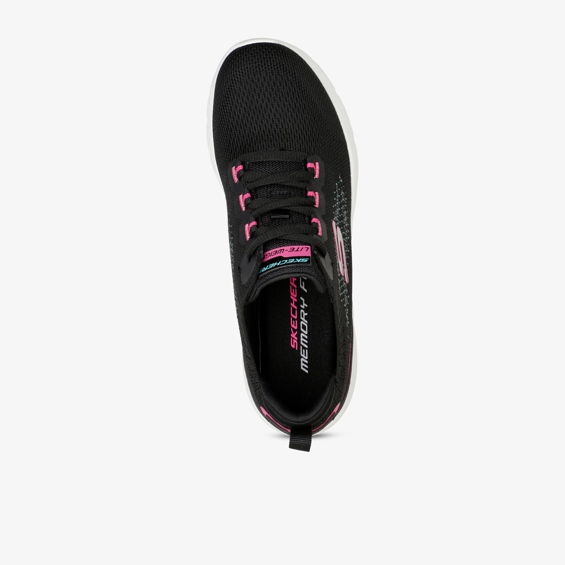 Moderner schwarzer Sneaker mit rosa Details und elastischem Schnürsystem in der Vogelperspektive
