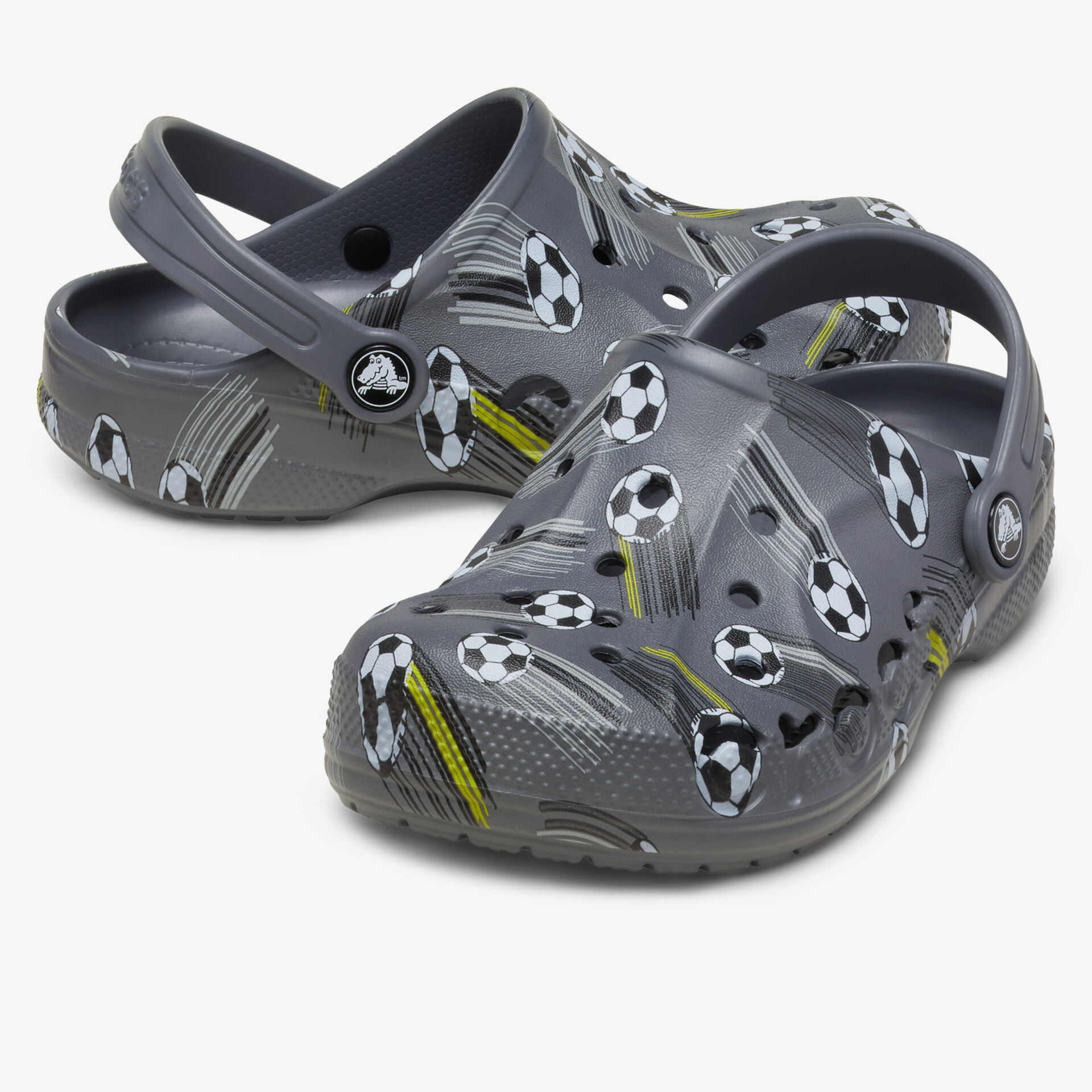 Bequeme graue Clogs mit Fußball-Print, rutschfester Sohle und leichtem, atmungsaktivem Material für vielseitigen Einsatz