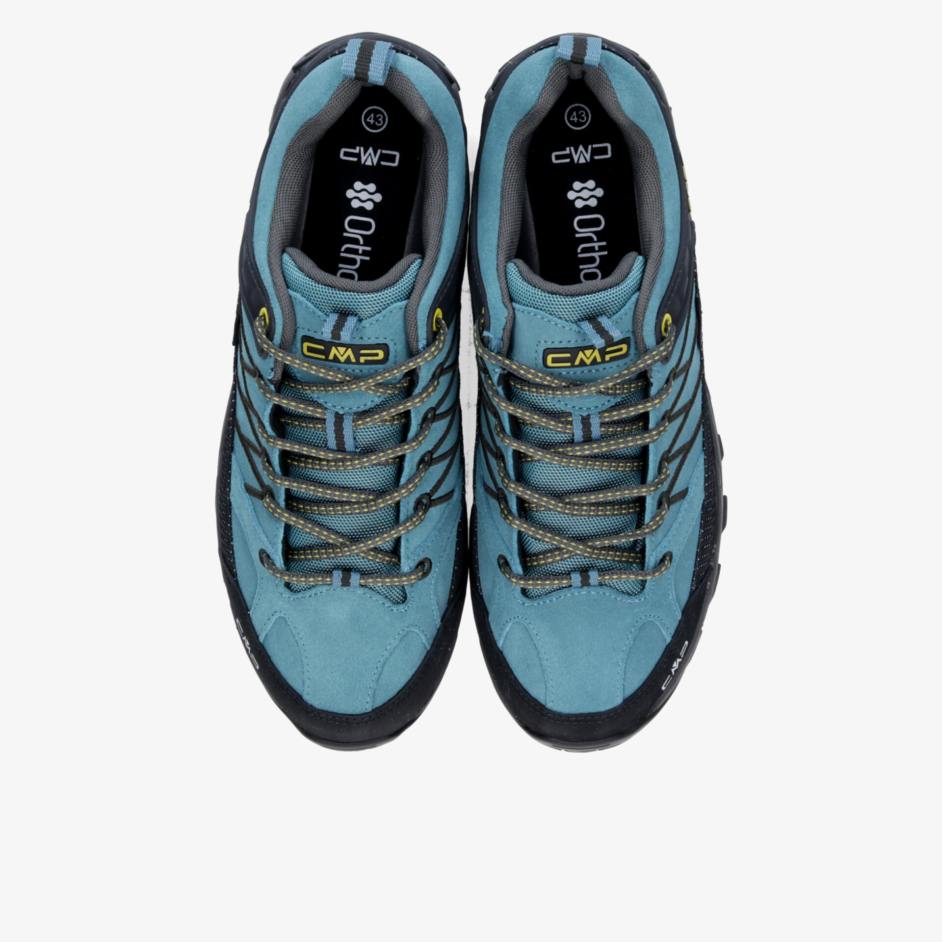 Blaues Paar Wanderschuhe mit rutschfester Sohle und bequemer Passform aus der Draufsicht