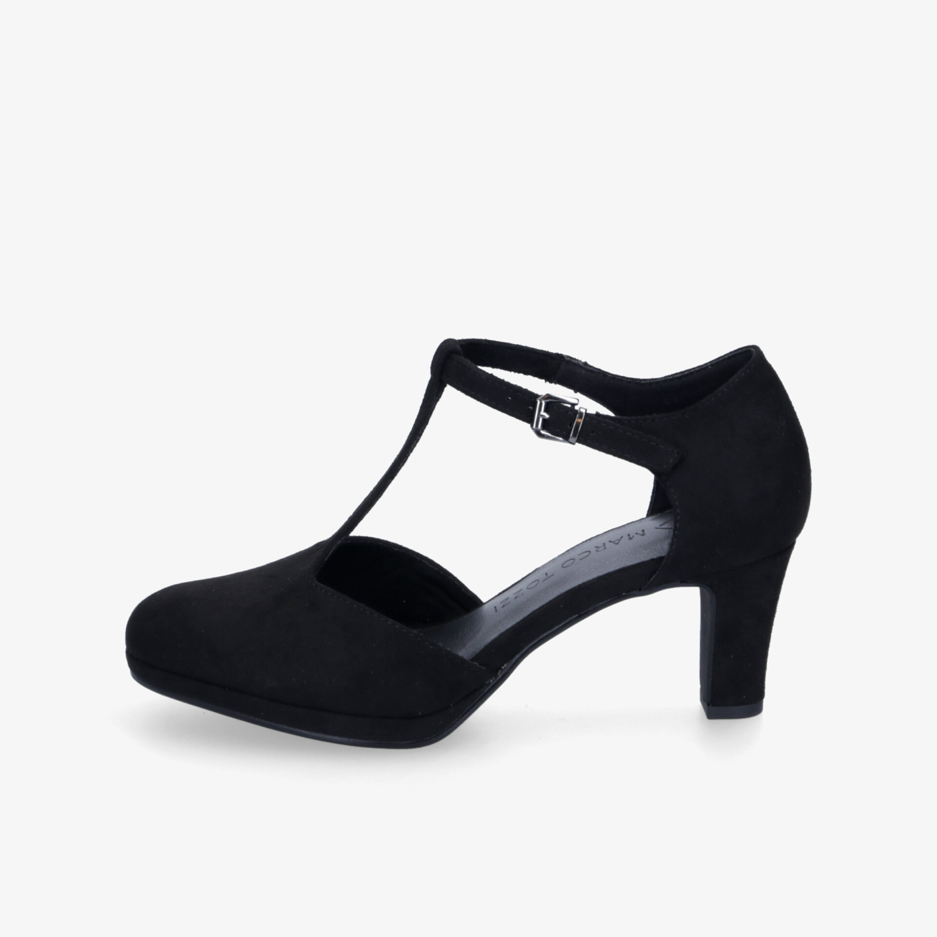 Eleganter schwarzer Pumps mit Riemchen und mittelhohem Absatz, geschlossenem Zehenbereich, modisch und bequem