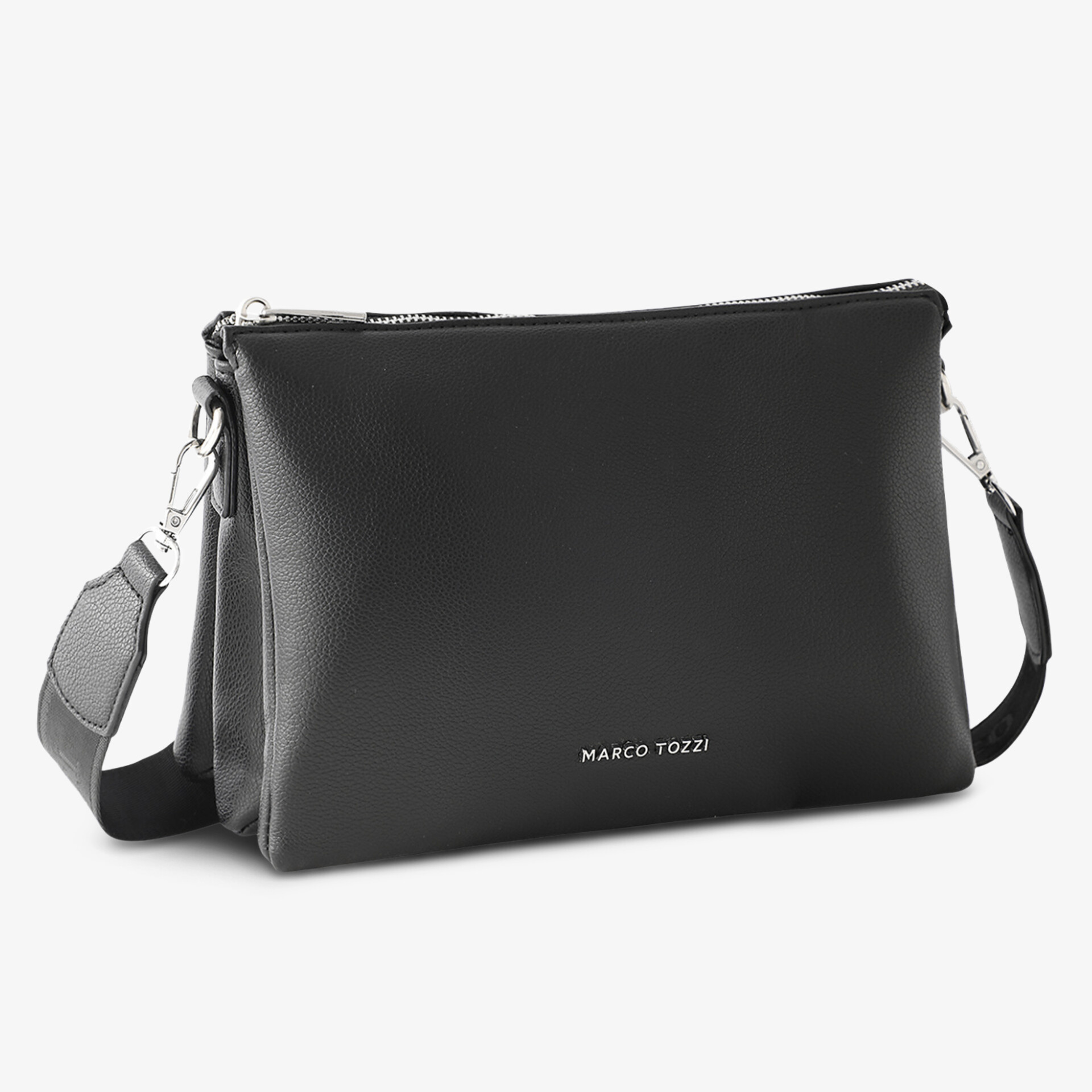 Elegante kompakte schwarze Ledertasche mit abnehmbarem Riemen und dezentem Logo