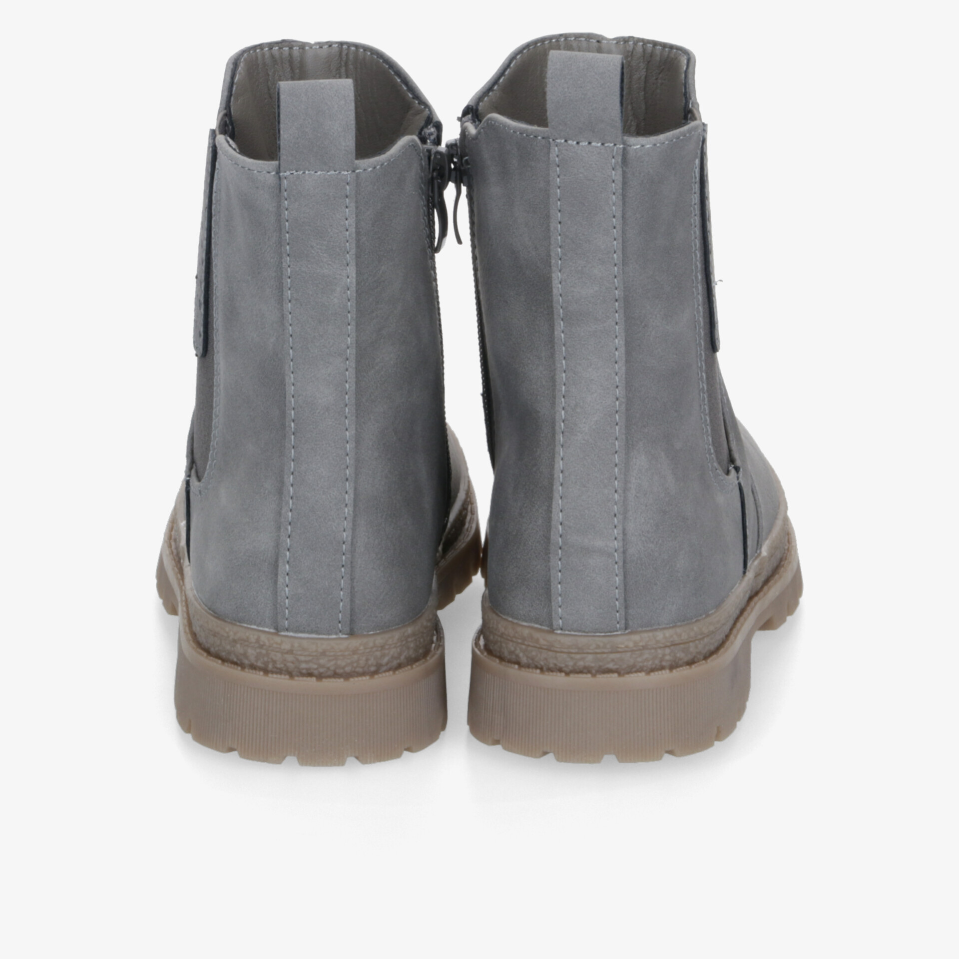 Rückansicht grauer Stiefel mit praktischem Reißverschluss und robuster Sohle für optimalen Tragekomfort