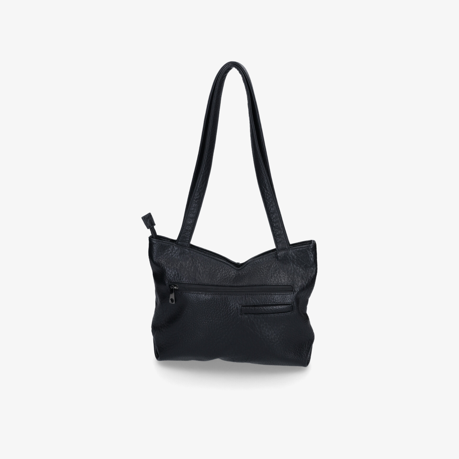 Schwarze elegante Handtasche mit praktischem Schulterriemen und Reißverschluss in klarer Frontansicht