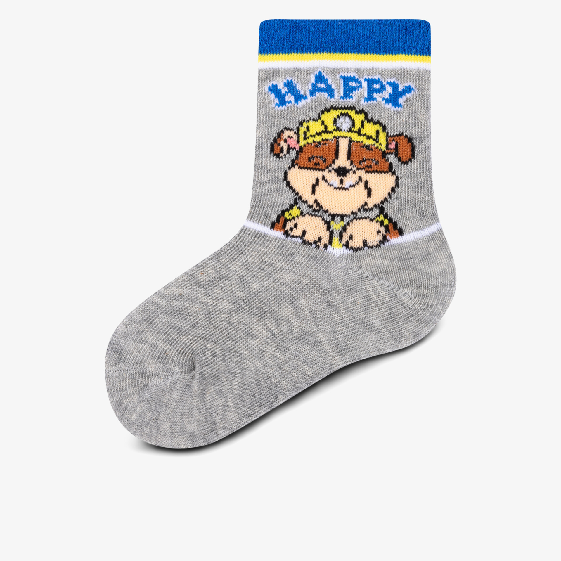 Graue Kindersocke mit Happy-Schriftzug und buntem Streifen oben, weiches und bequemes Material