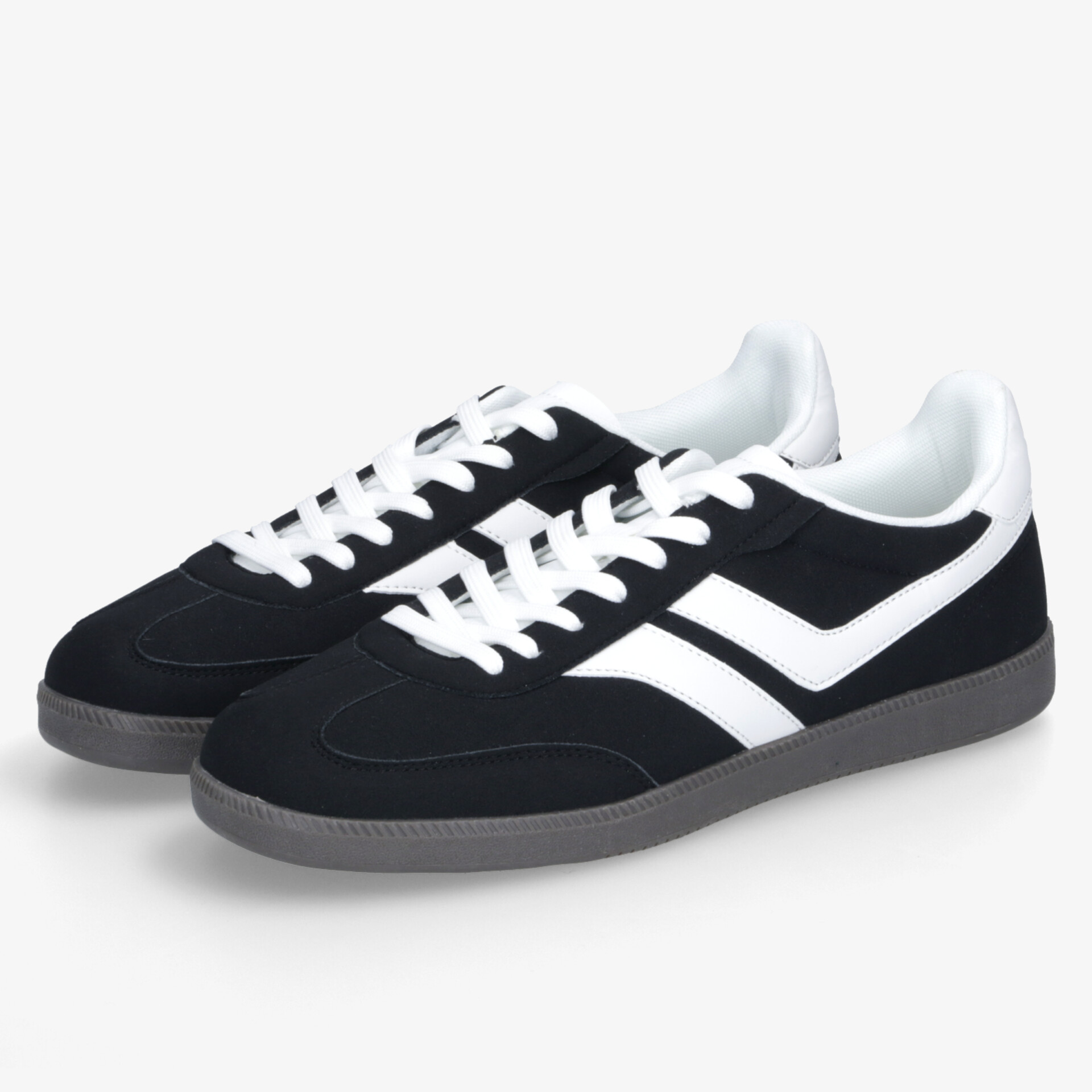 Schwarze Sportschuhe mit weißem Streifen, bequem und robust, leichter Schnitt, rutschfeste Gummisohle, modernes Design