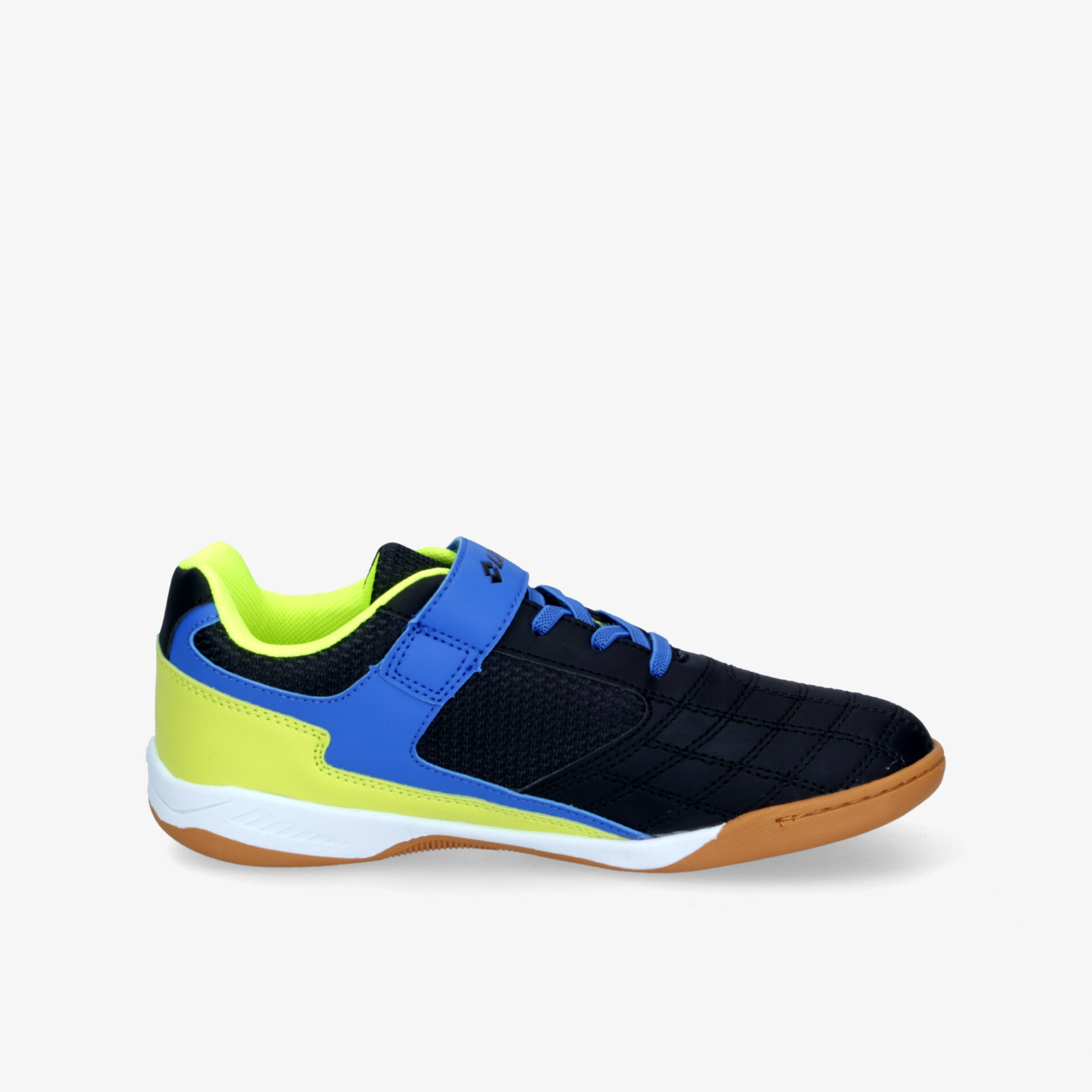 Seitliche Ansicht eines sportlichen, bequemen Schuhs mit rutschfester Sohle und moderner Optik in Blau und Gelb