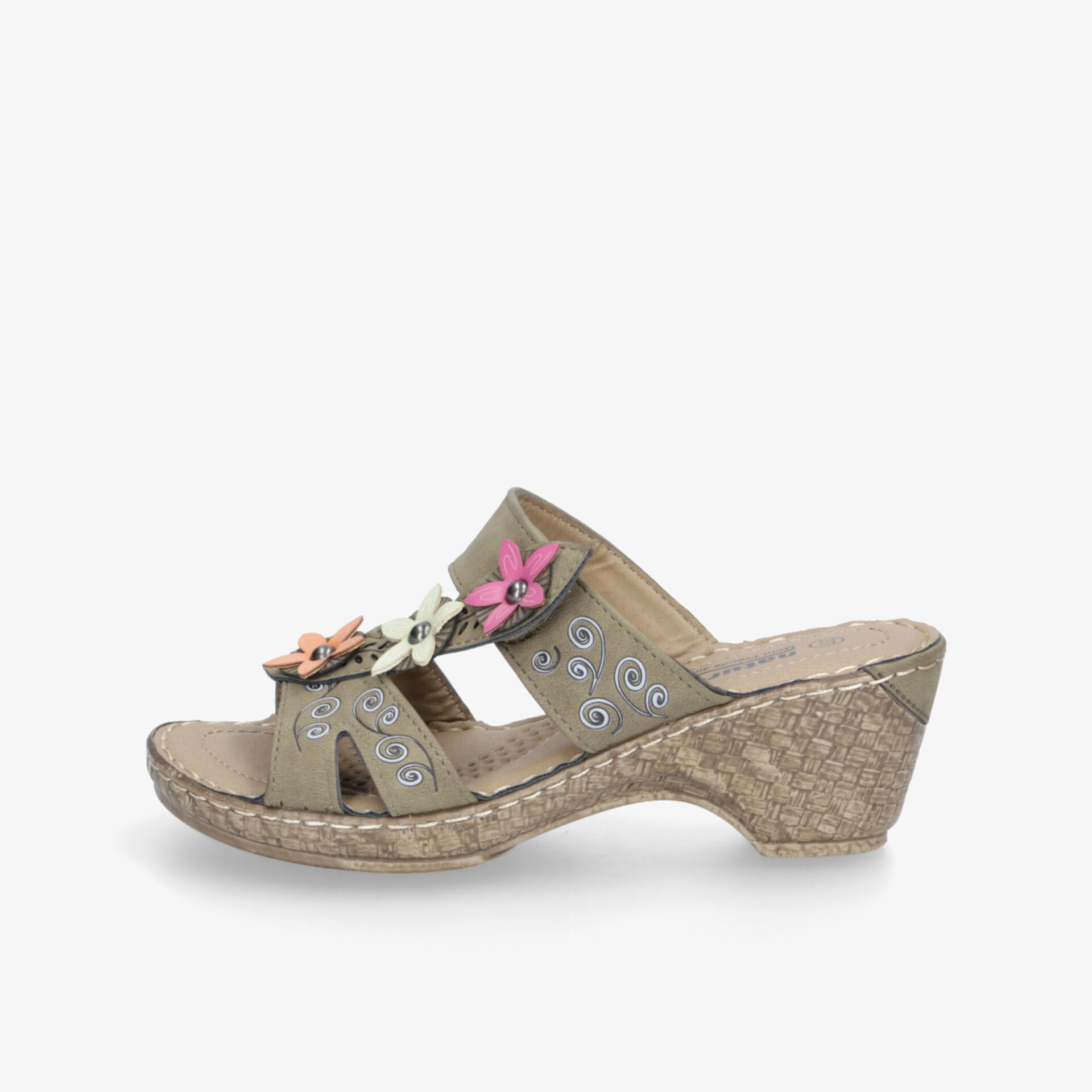 Komfortable Pantolette mit stabilem Keilabsatz und dekorativen Blumenapplikationen für modischen und bequemen Tragekomfort