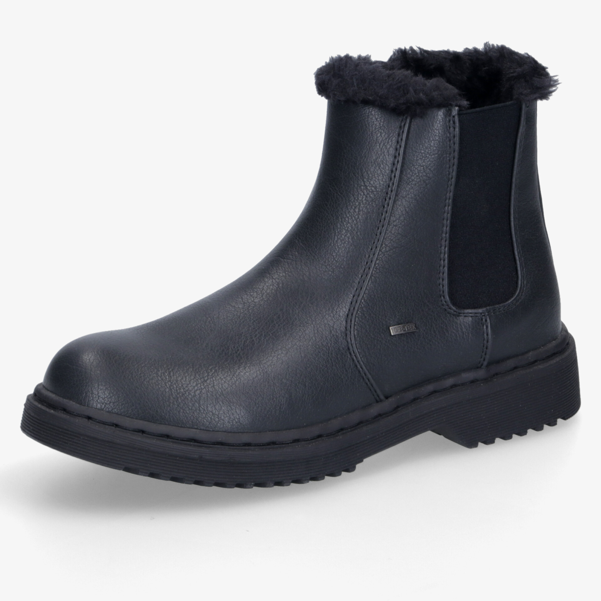Schwarzer Chelsea Boot mit rutschfester Sohle und warmem Futter, ideal für kalte Tage, klassisches Design.