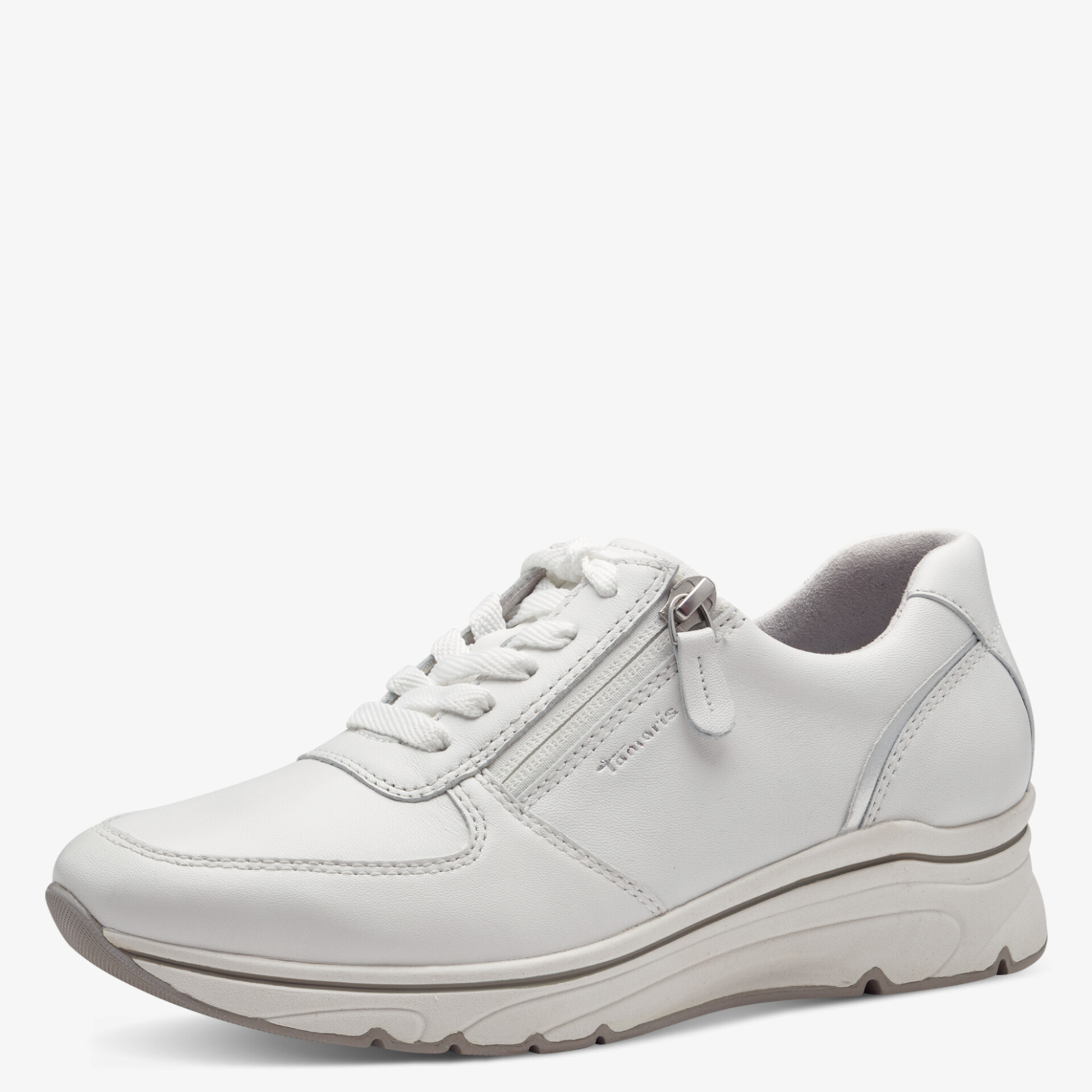 Weißer Sneaker mit seitlichem Reißverschluss und rutschfester Laufsohle für hohen Tragekomfort