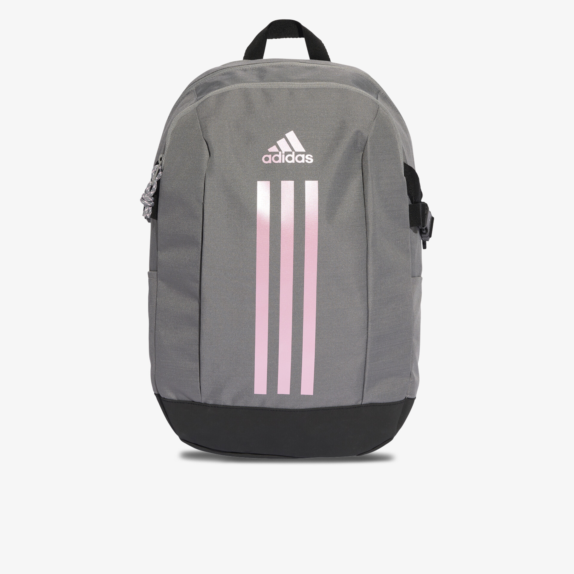 Moderner grauer Rucksack mit rosa Streifen, geräumig und komfortabel, sicherer Reißverschluss, ideal für Alltag und Sport