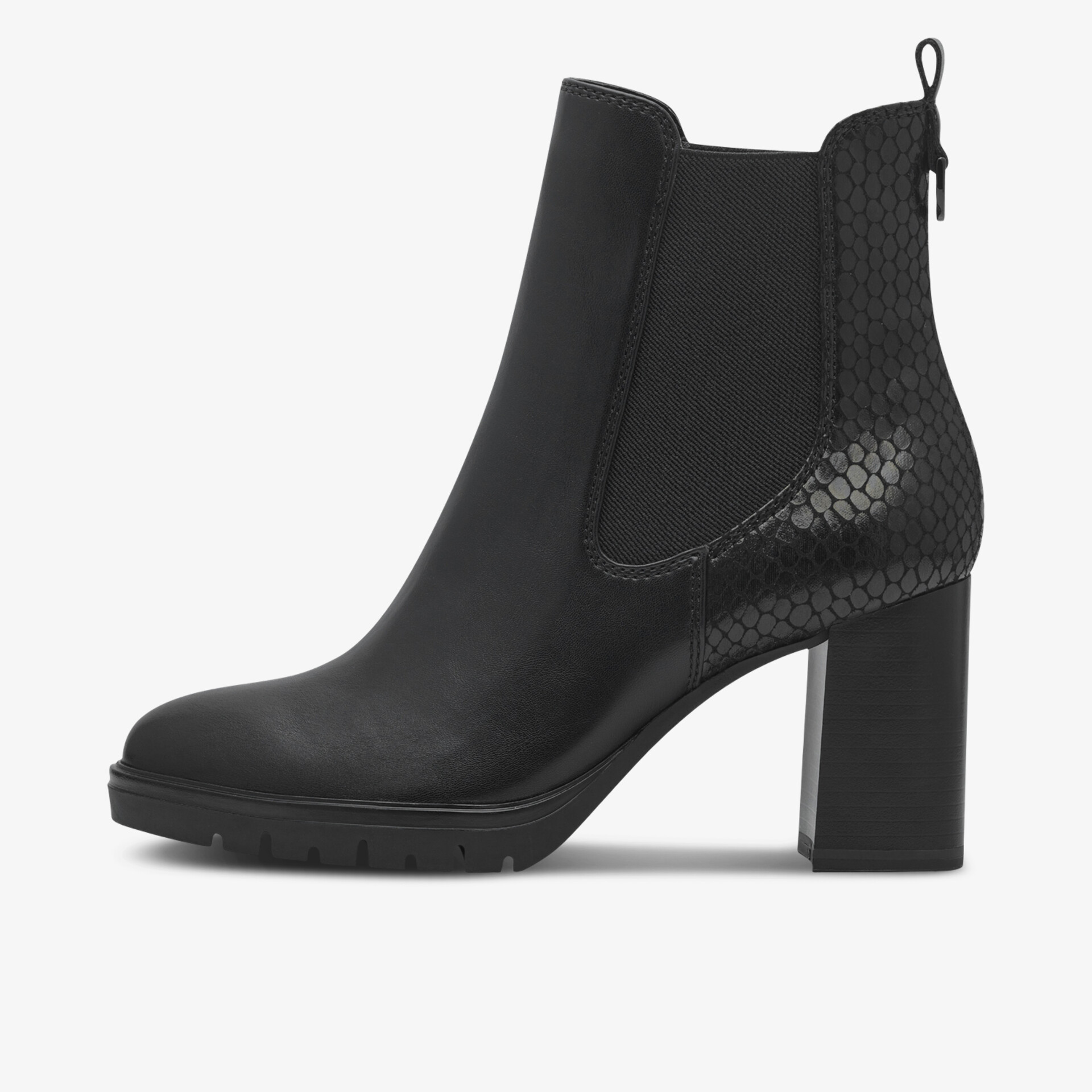 Schwarze Stiefelette mit hohem Blockabsatz und seitlichem Stretch-Einsatz für bequemen Halt im Alltag