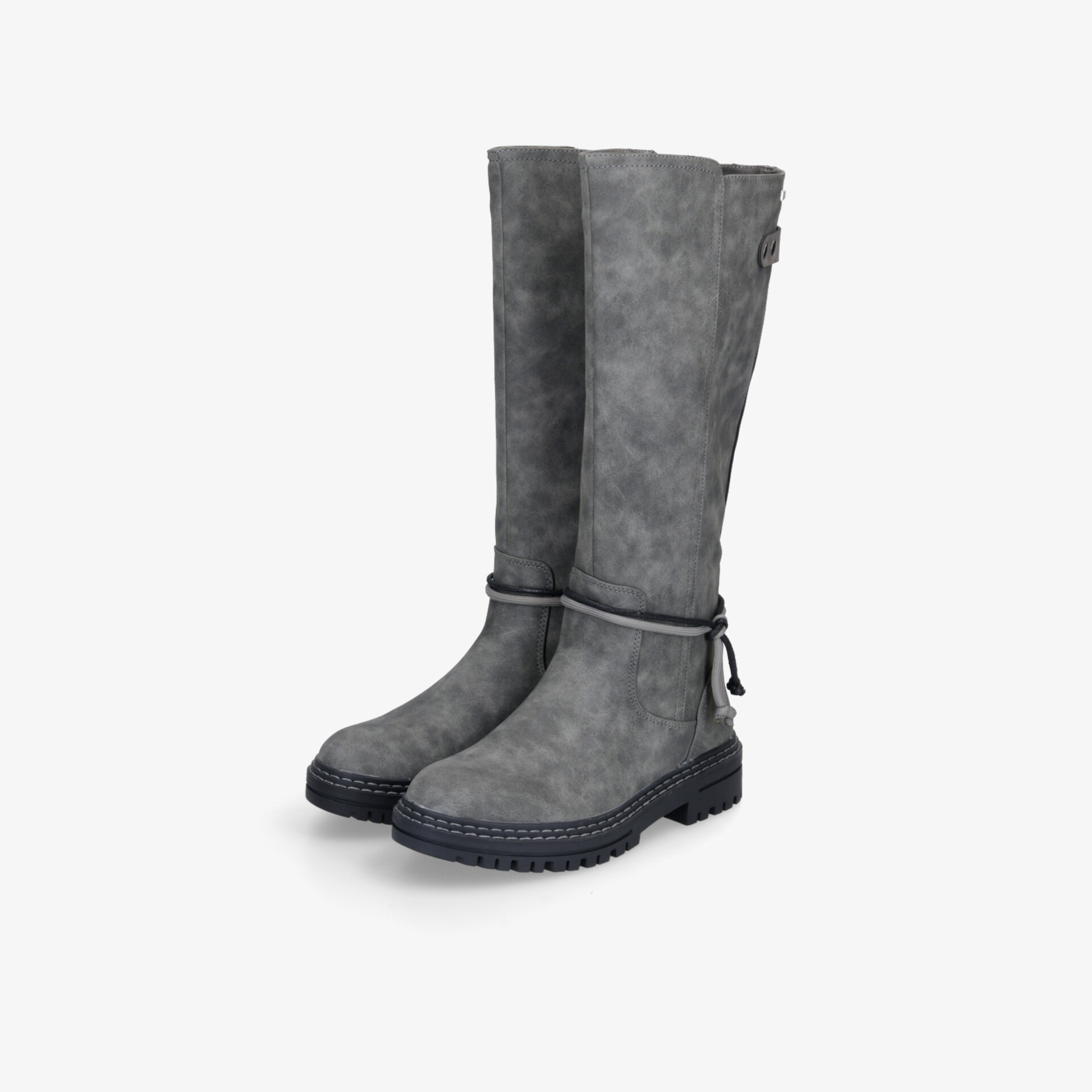 Graue hohe Stiefel mit robustem Profil und elegantem Design, geeignet für alle Wetterverhältnisse.