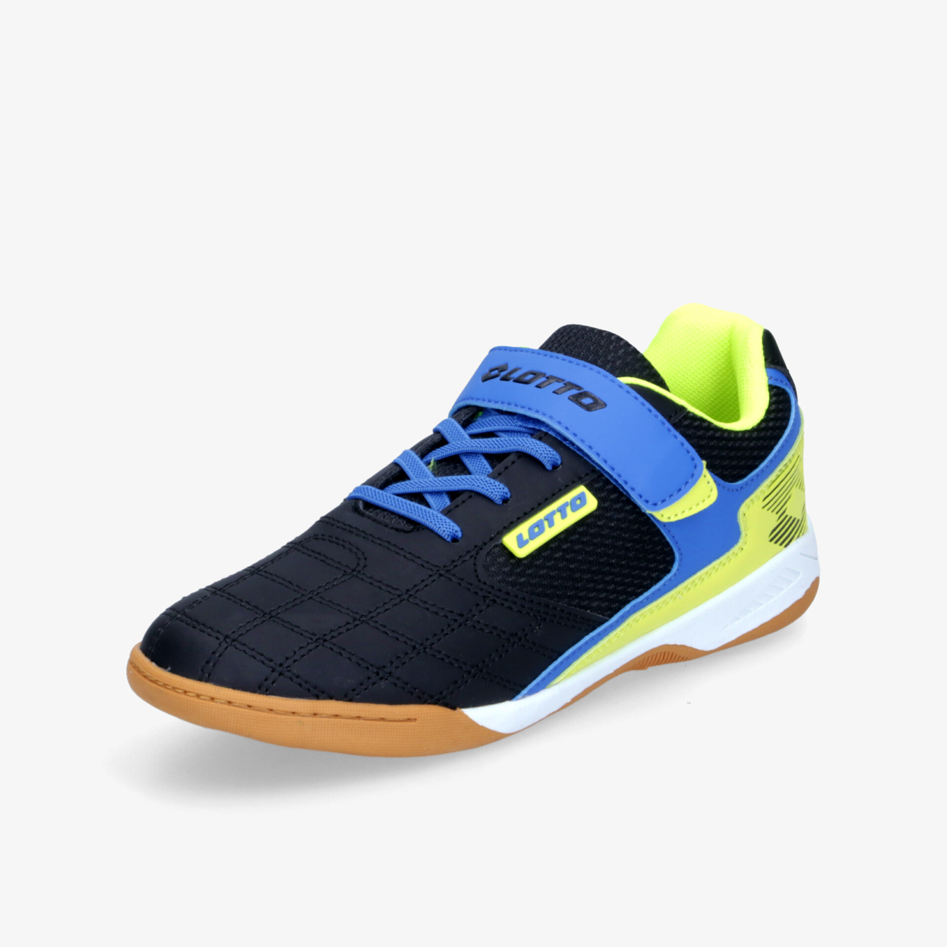 Leichter Hallenschuh in Blau mit gelben Akzenten, rutschfester Sohle und sportlichem, bequemem Design