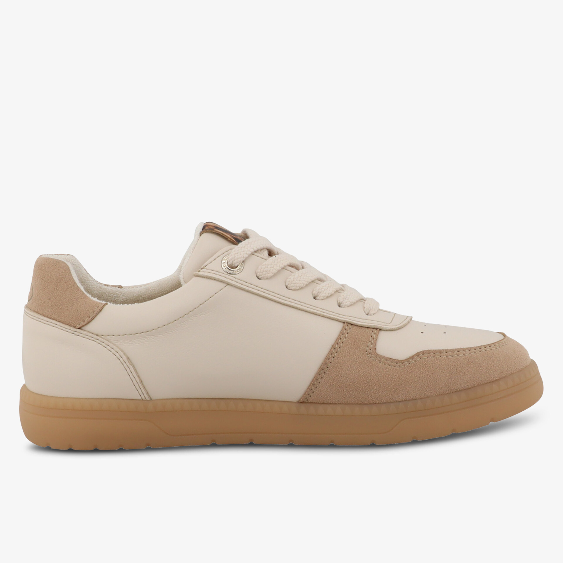 Elegante beige Sneaker mit Kombination aus glattem und Wildleder, komfortable Gummisohle für Alltag