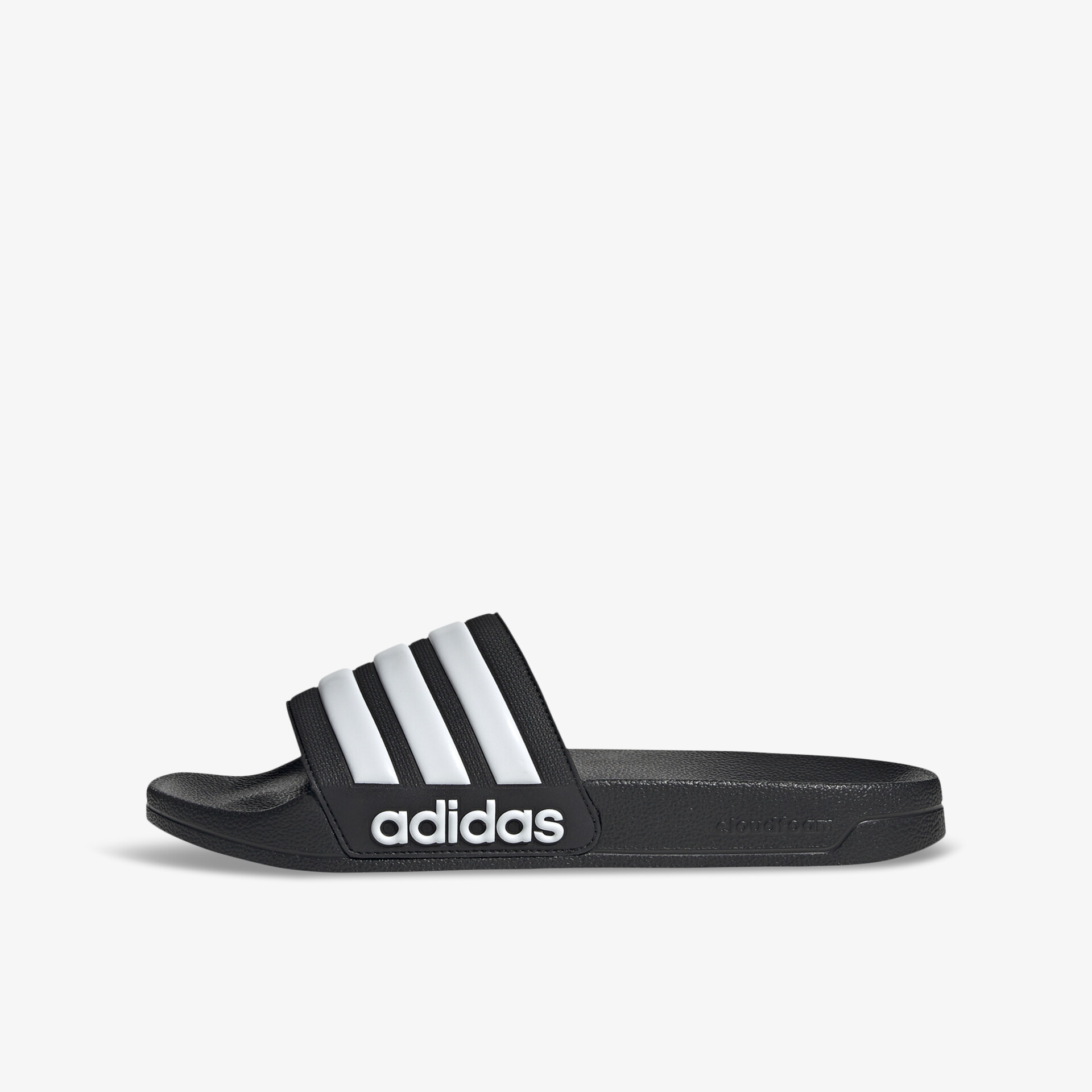 Schwarze Adidas-Badelatschen mit weißen Streifen, ideal für Komfort und Stil im Alltag.