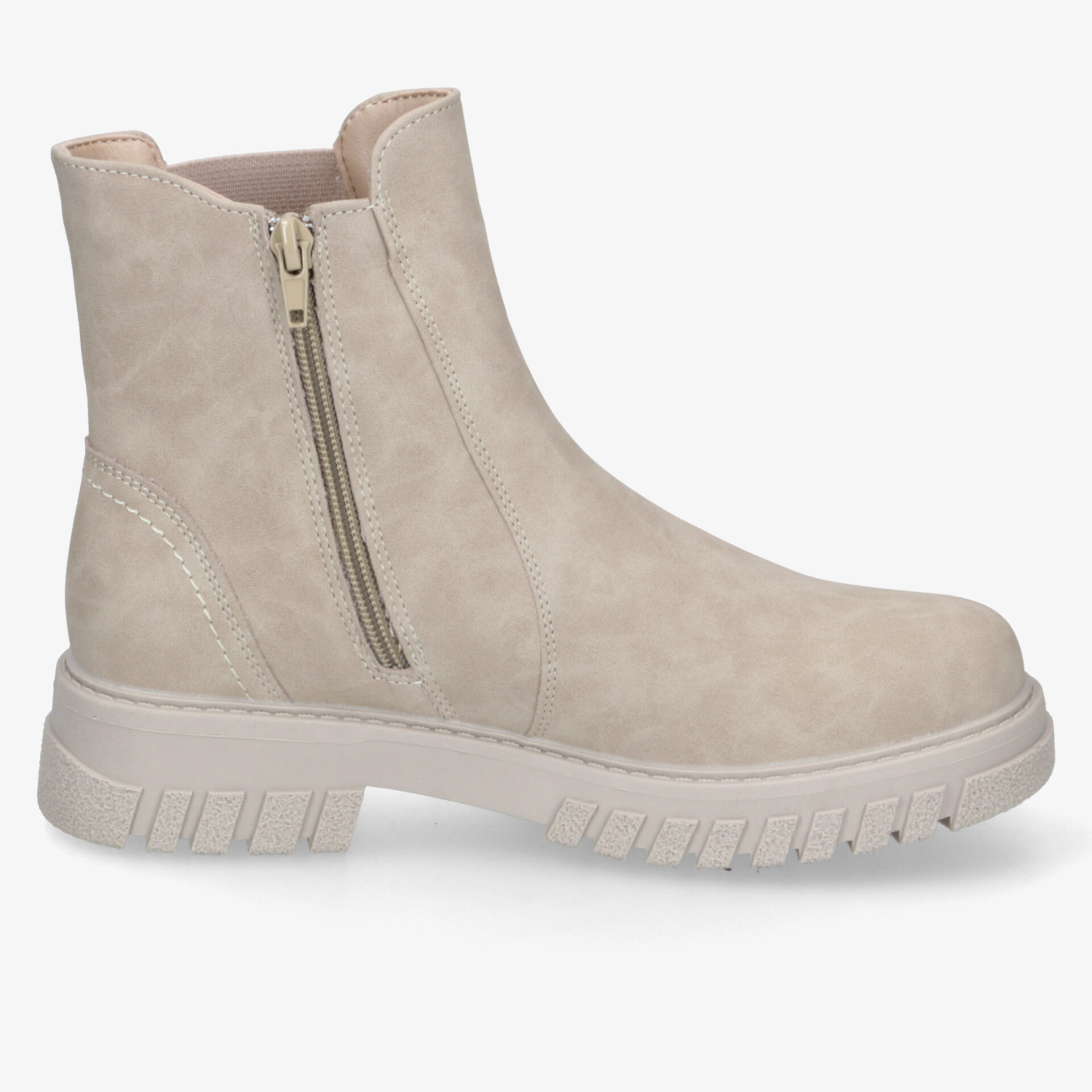 Beige Stiefelette mit Reißverschluss und profilierter Sohle, bequem und robust für sicheren Halt