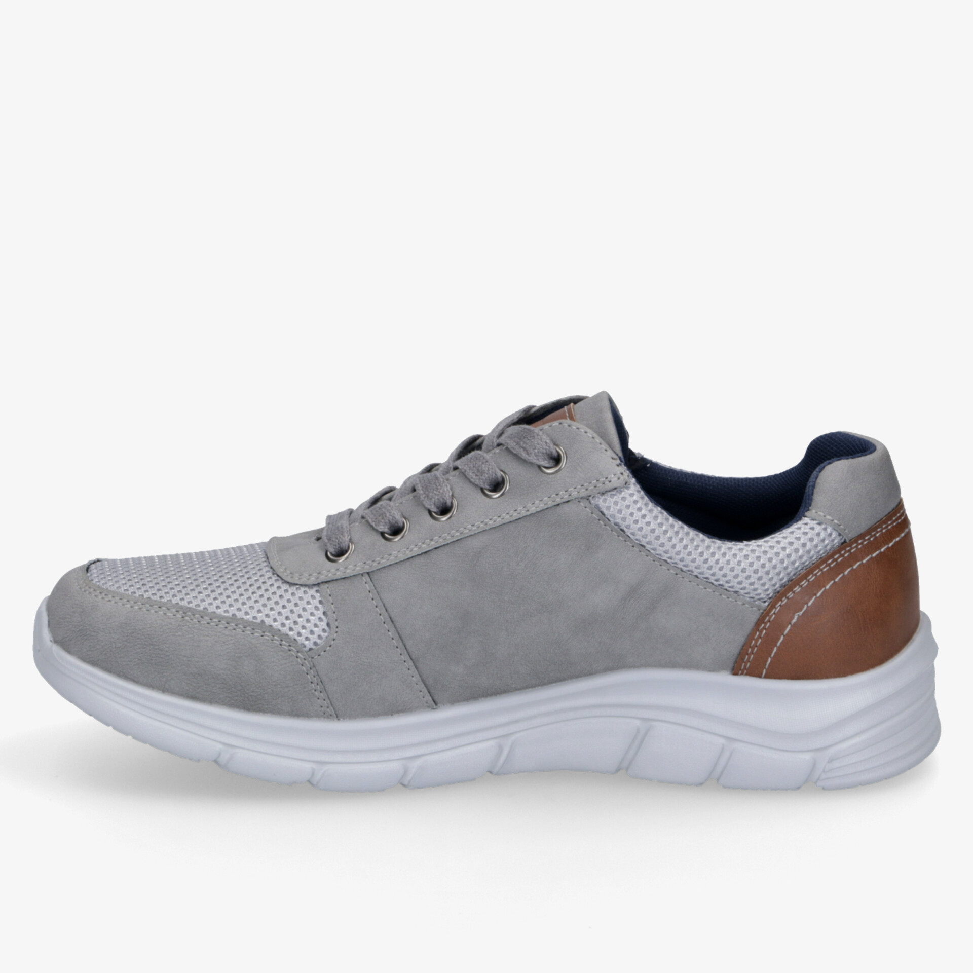 Grauer Sneaker mit weißer Sohle und braunen Akzenten, ideal für Alltag und Freizeit.