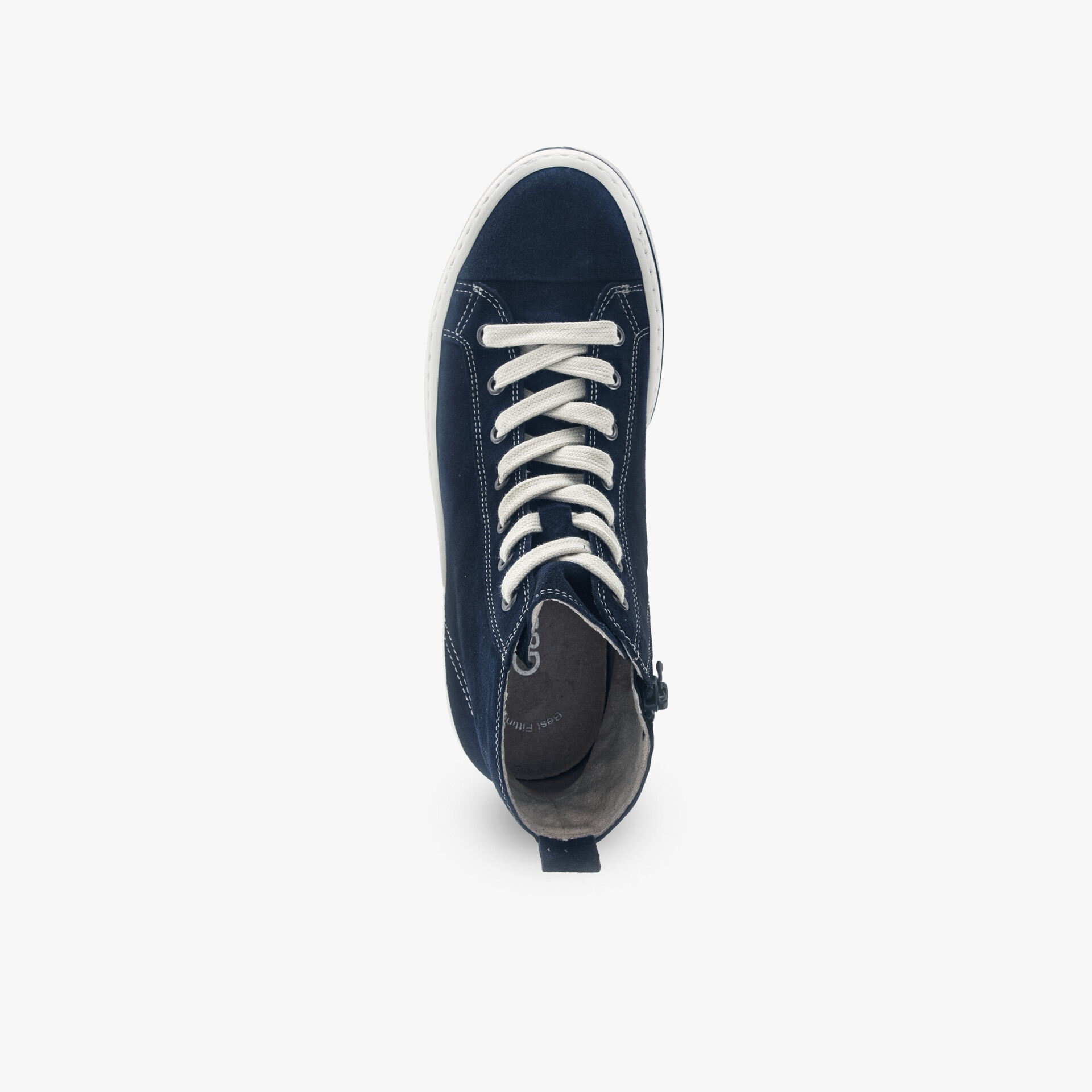 Dunkelblauer Sneaker mit weißer Schnürung und robuster Außensohle in klarer Draufsicht, hochwertig verarbeitet und bequem