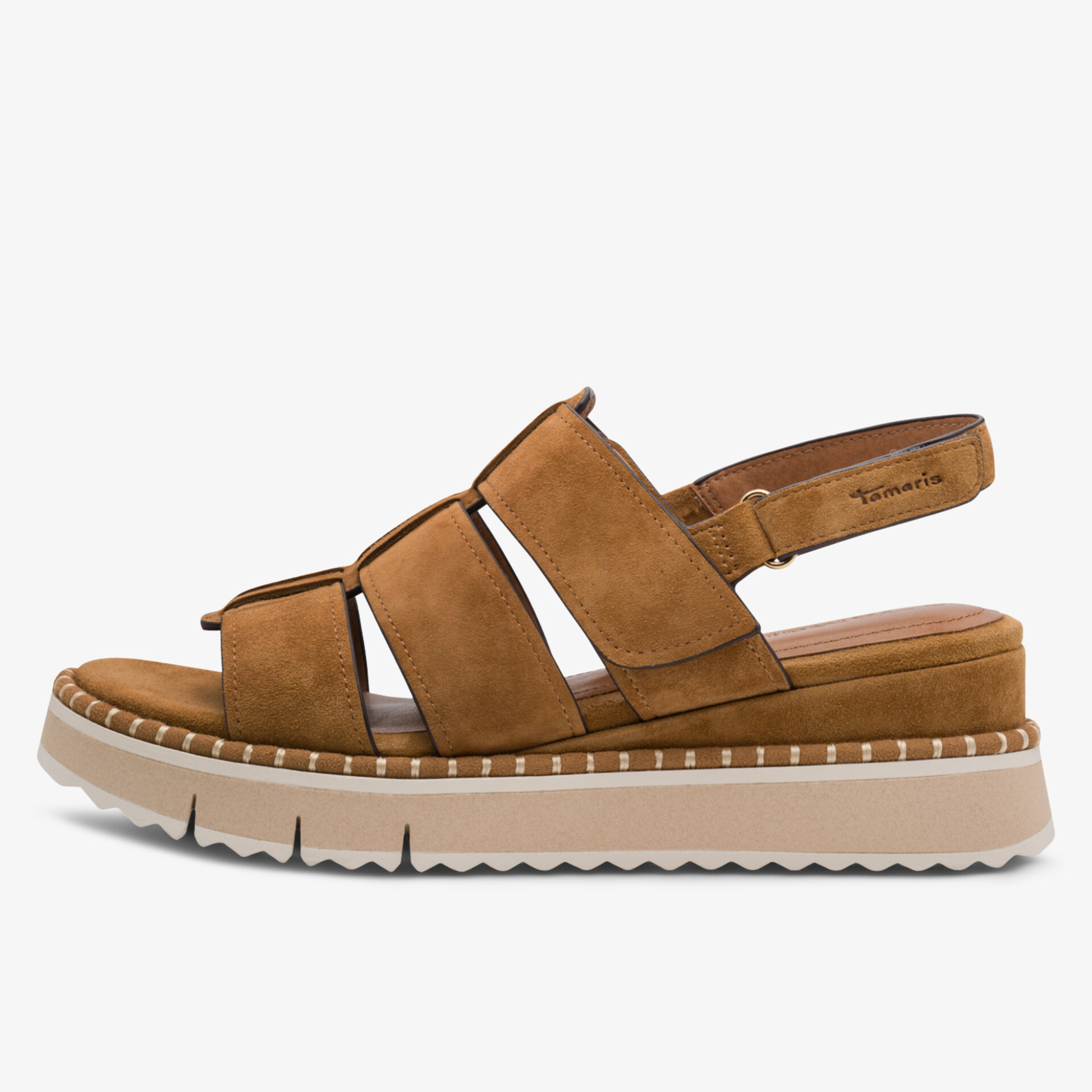 Side view of brown strap sandal with adjustable straps and cushioned sole for comfortable all-day wear