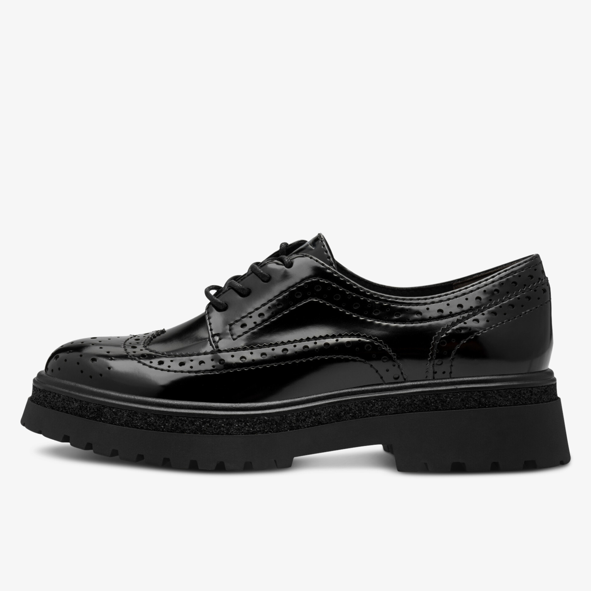 Schwarzer glänzender Brogue Derby Schuh mit dicker profilierter Sohle und komfortablem Design