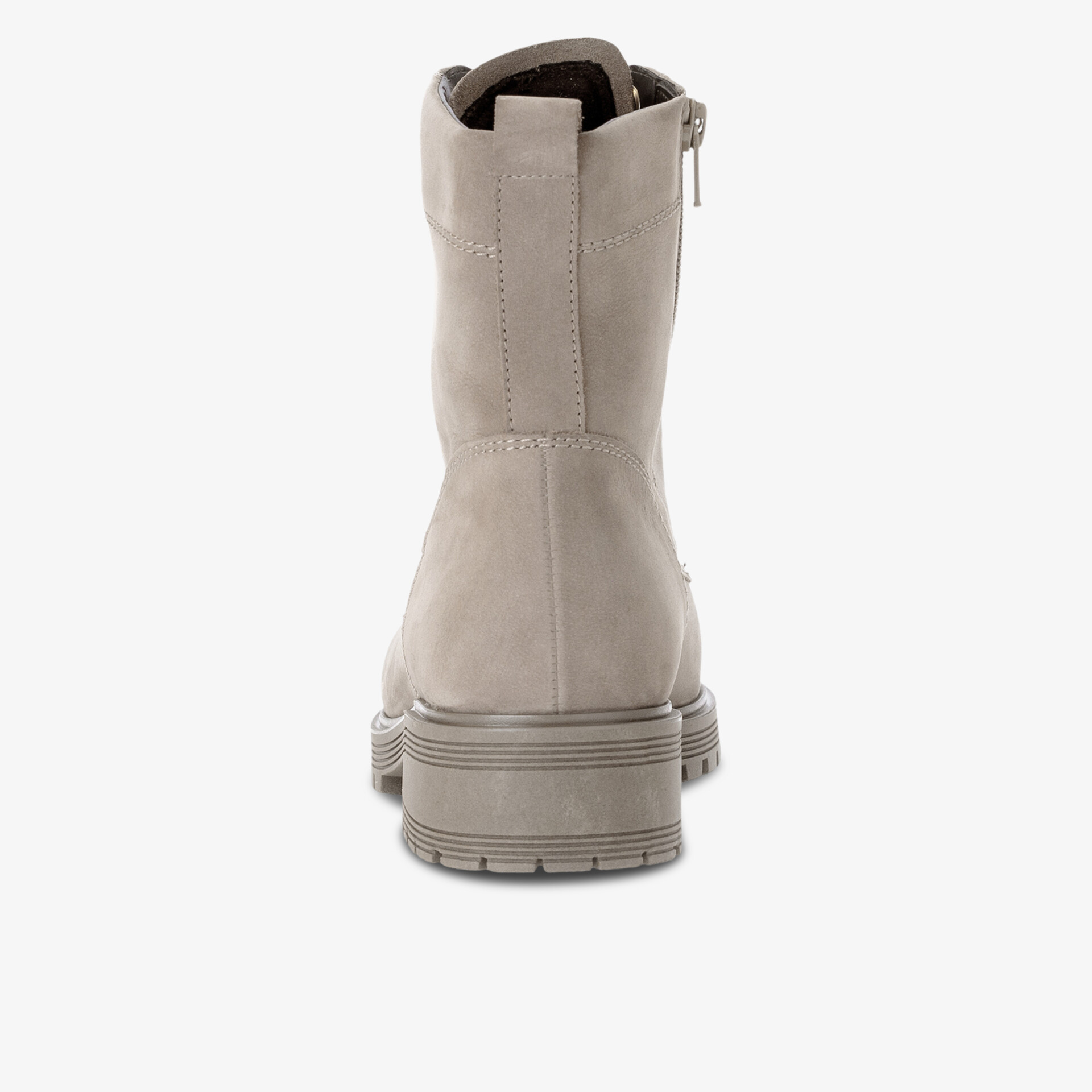 Rückansicht robuster Stiefel mit stabilem Absatz und Reflektor am Absatz, mattes Material, rutschfeste Sohle