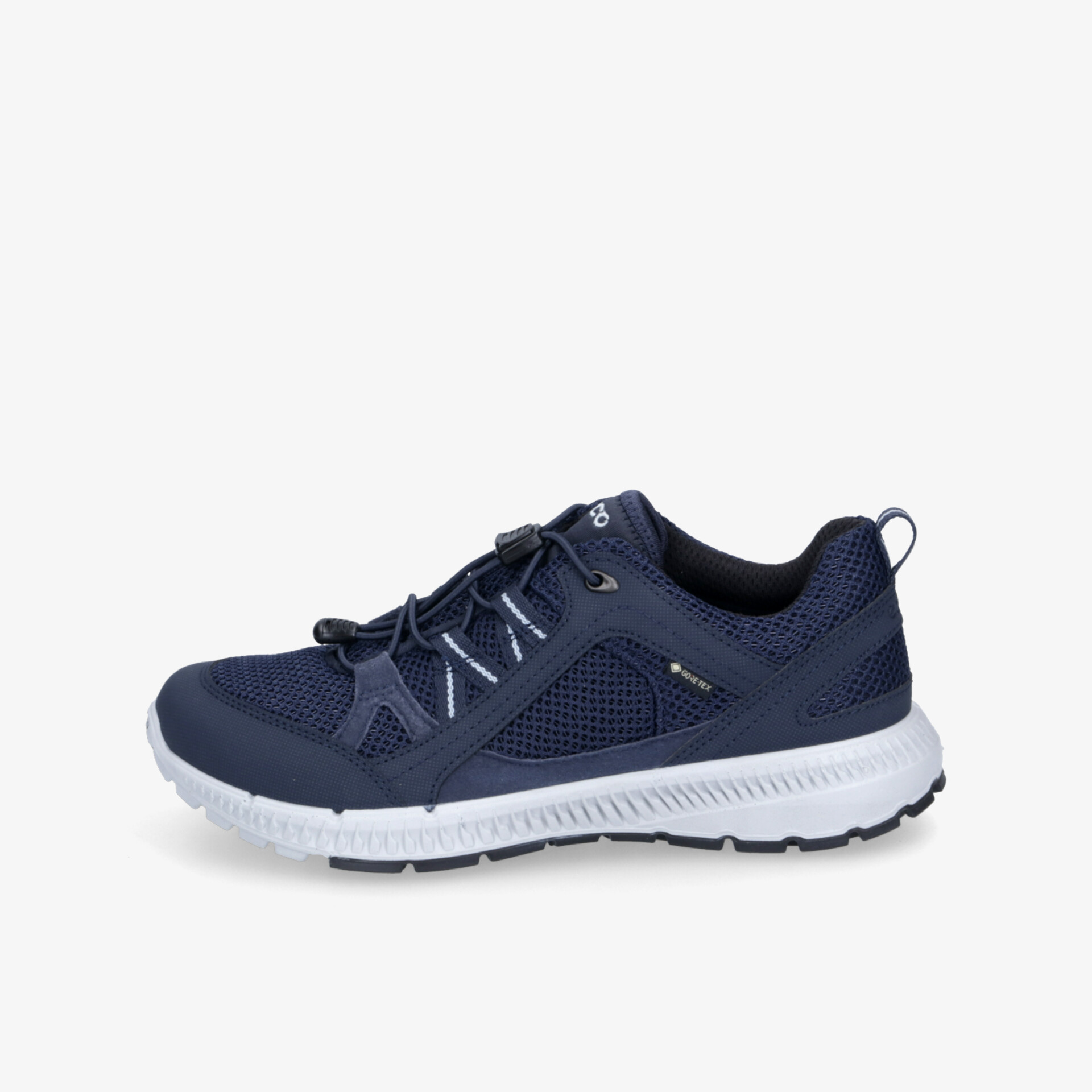 Sportlicher blauer Laufschuh mit atmungsaktivem Material und rutschfester weißer Sohle in seitlicher Ansicht