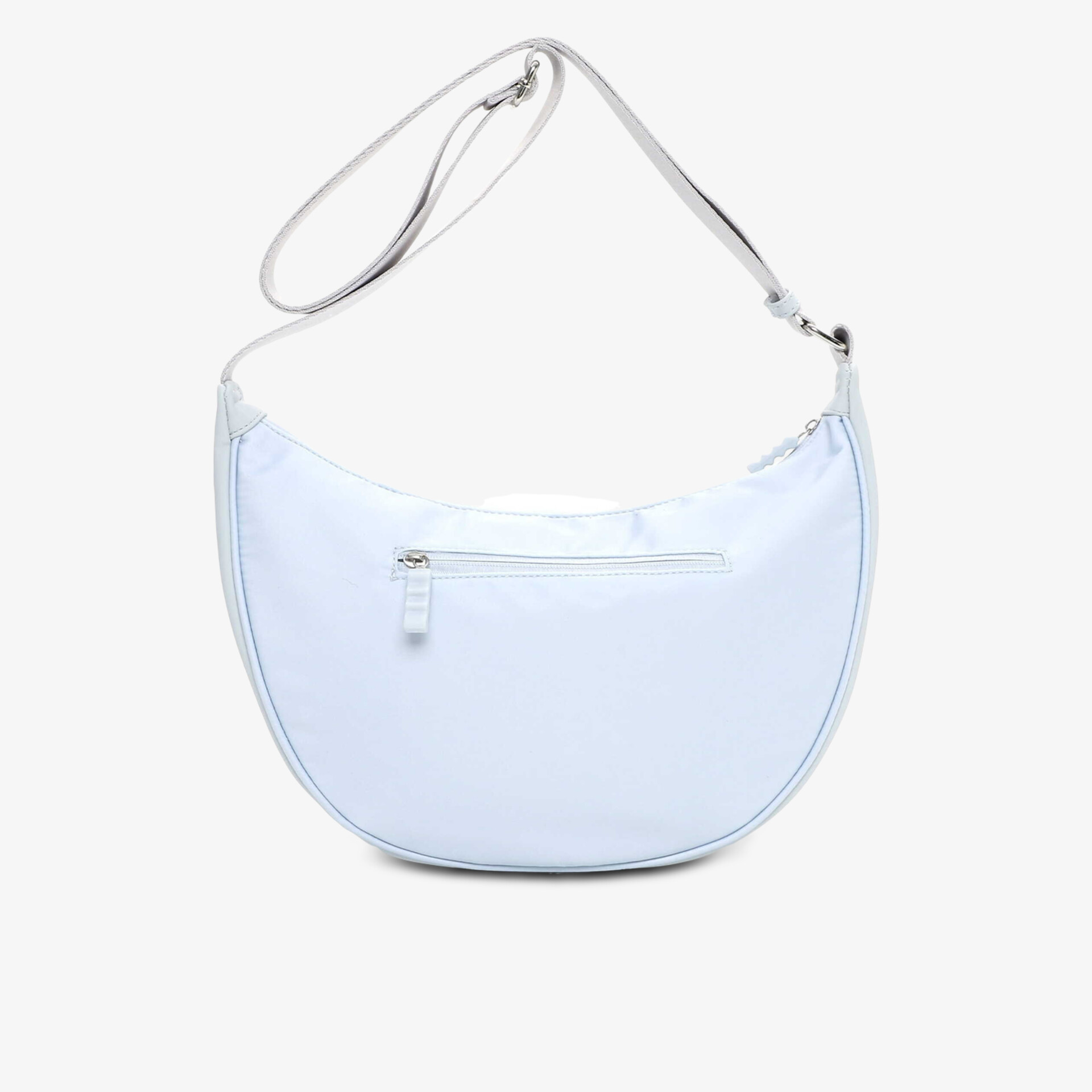 Weiße Halbmondtasche mit glattem Material und Reißverschluss, praktischer verstellbarer Schulterriemen