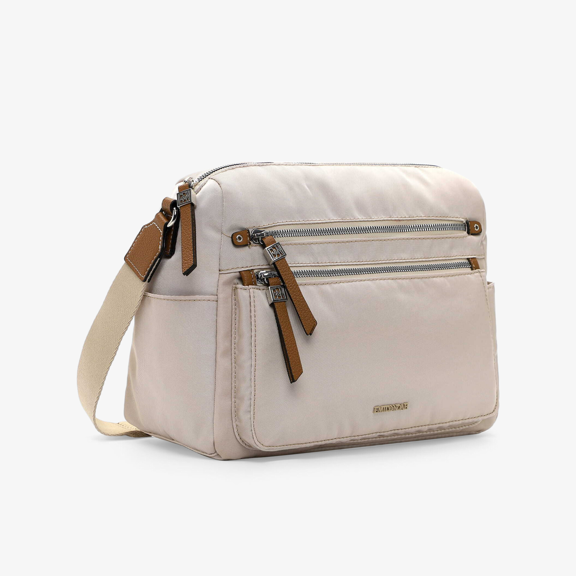 Beige Umhängetasche mit mehreren Reißverschlüssen und verstellbarem Schulterriemen in kompakter und funktionaler Ausführung