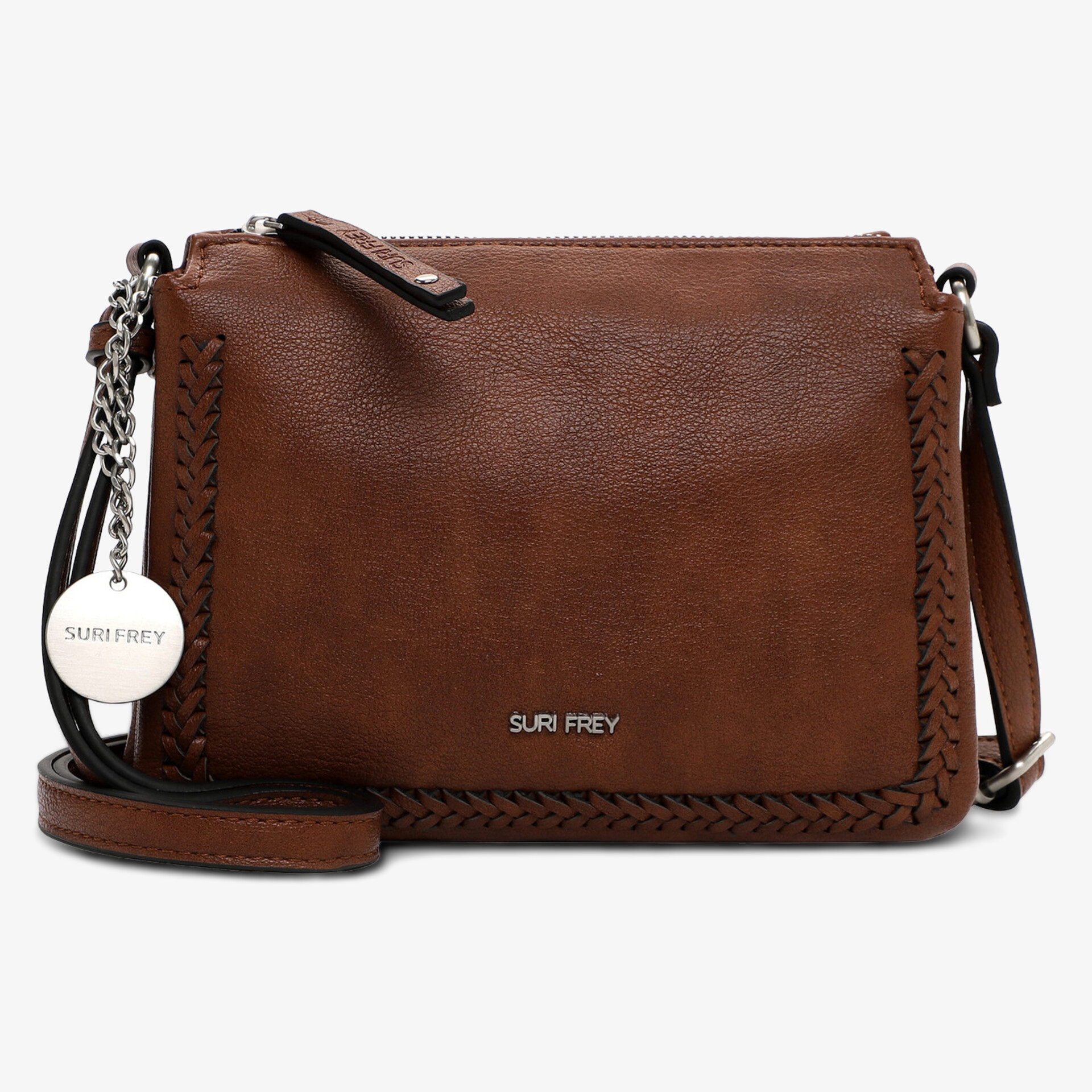 Kompakte braune Tasche aus Kunstleder mit Reißverschluss und verstellbarem Schulterriemen im klaren Frontblick