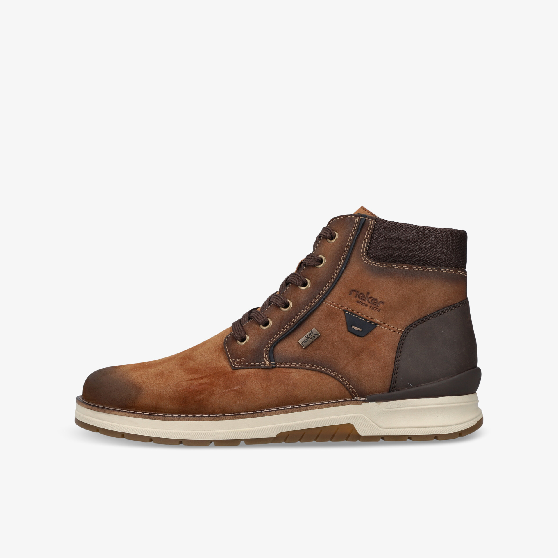 Brauner Lederschuh mit robuster Sohle und gepolstertem Knöchel, komfortabel und qualitativ hochwertig, seitliche Ansicht