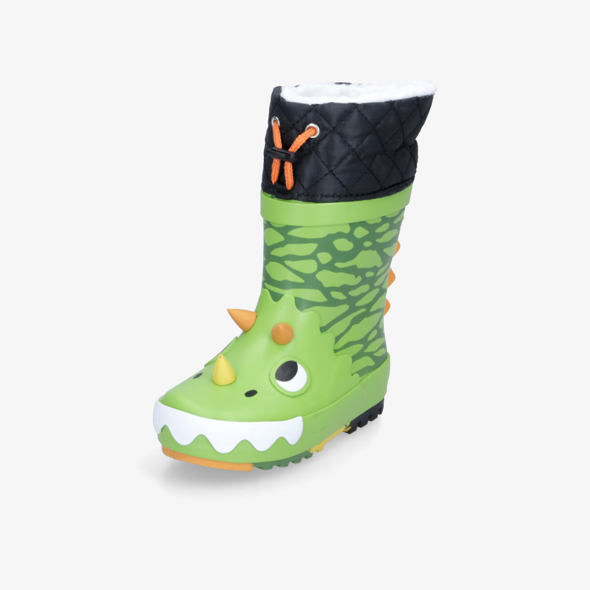 Grüner wasserdichter Gummistiefel mit Dinosaurier-Motiv und gepolstertem schwarz-grünem Schaft, rutschfeste Sohle