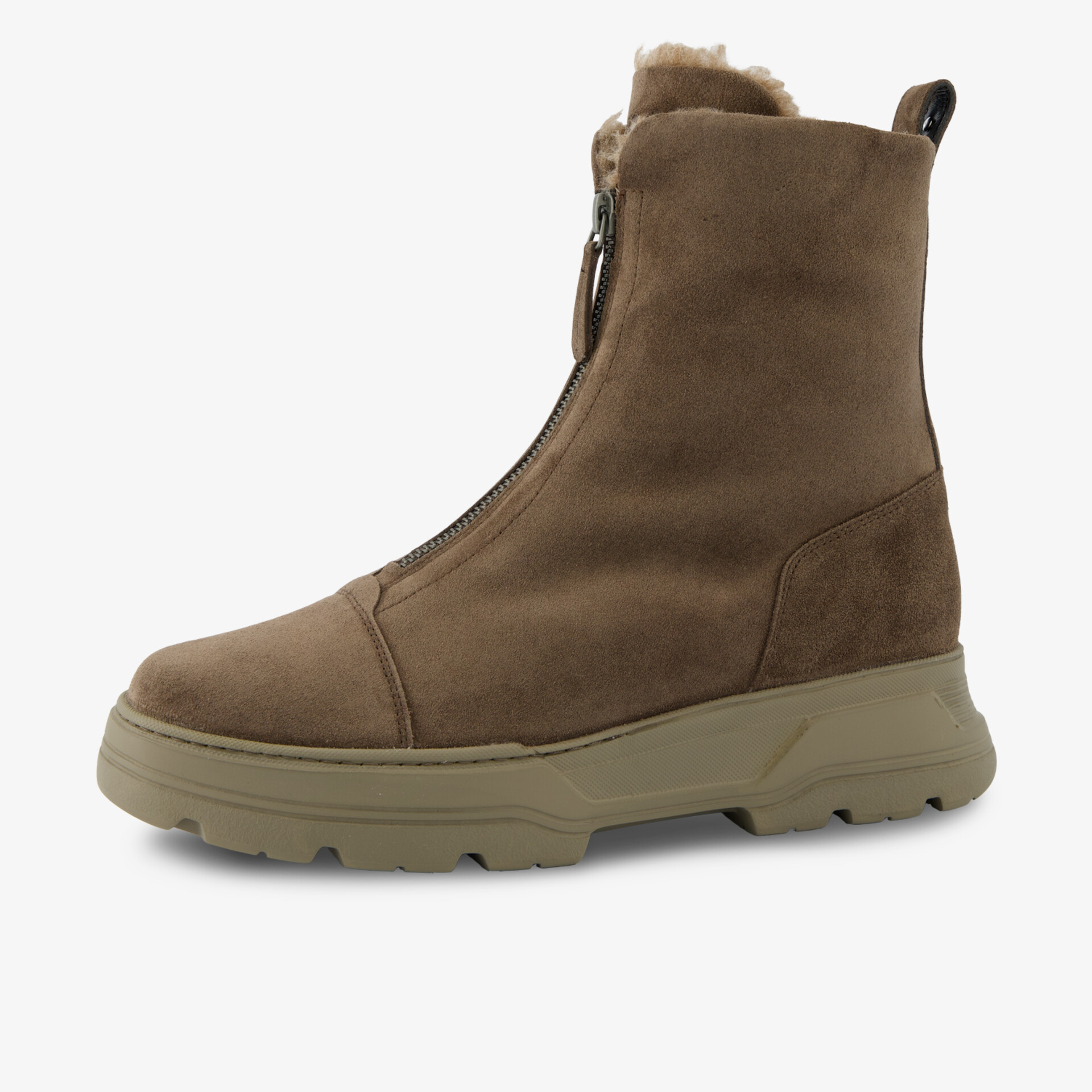 Bequeme warme Stiefelette mit seitlichem Reißverschluss und profilierter Sohle, seitliche Ansicht