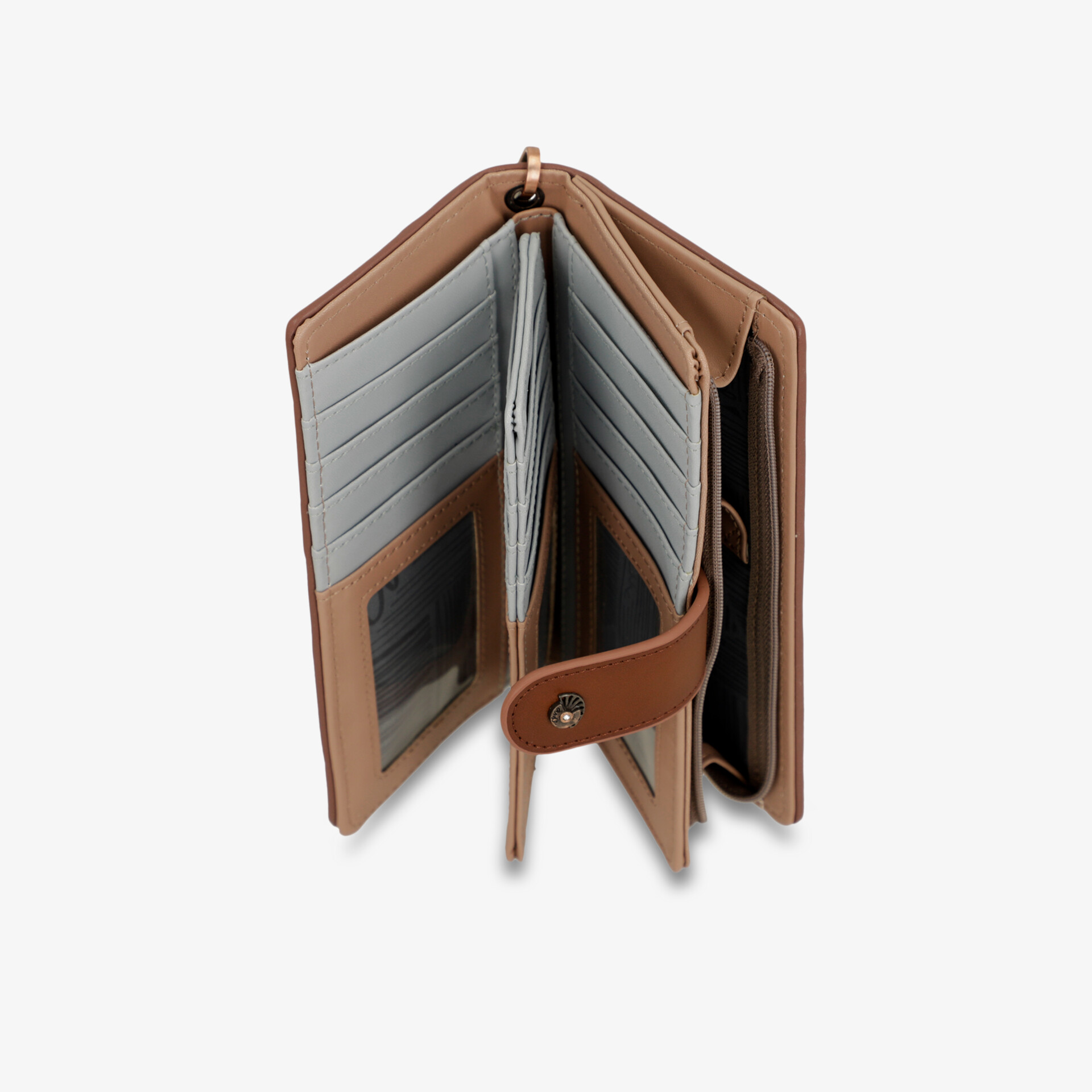 Offene Geldbörse mit vielen Kartenfächern, stabilem Verschluss und übersichtlichem, organisiertem Innenraum