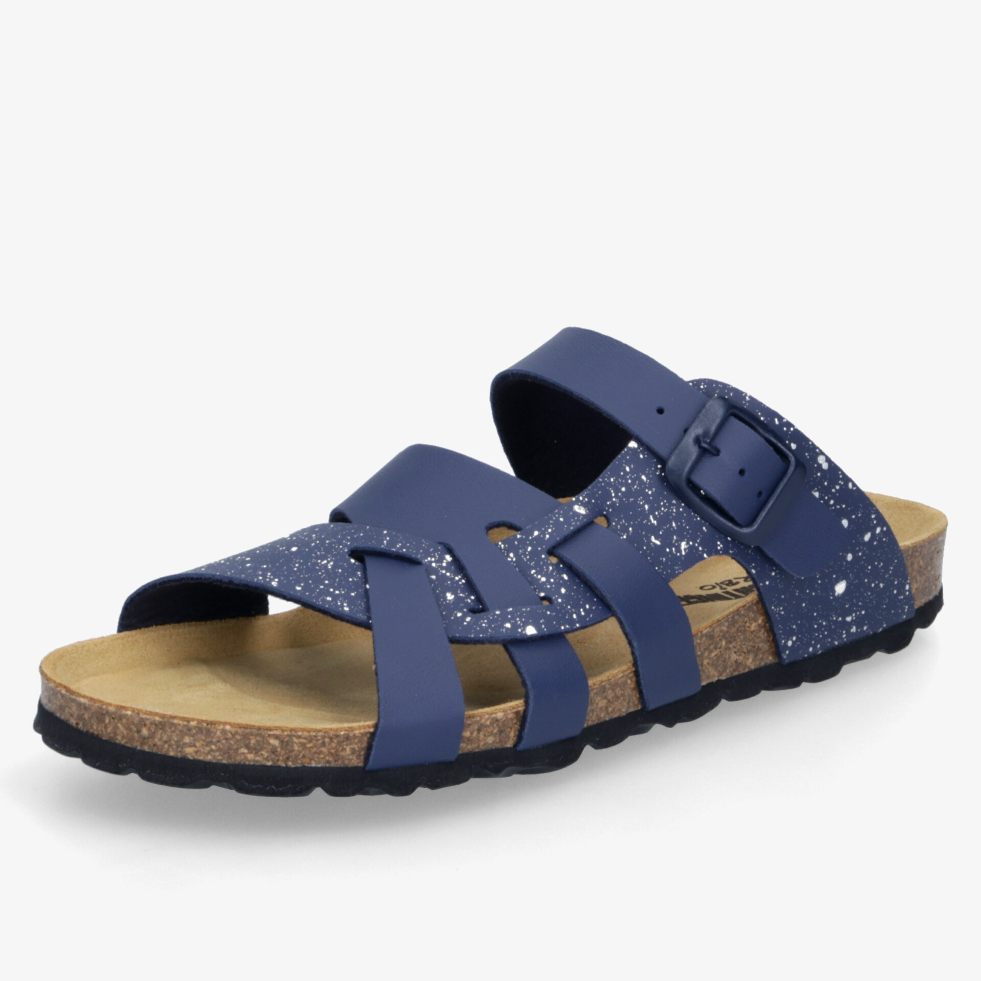 Bequeme blaue Sandale mit verstellbarem Riemen, gepolsterter Korksohle und rutschfester Laufsohle