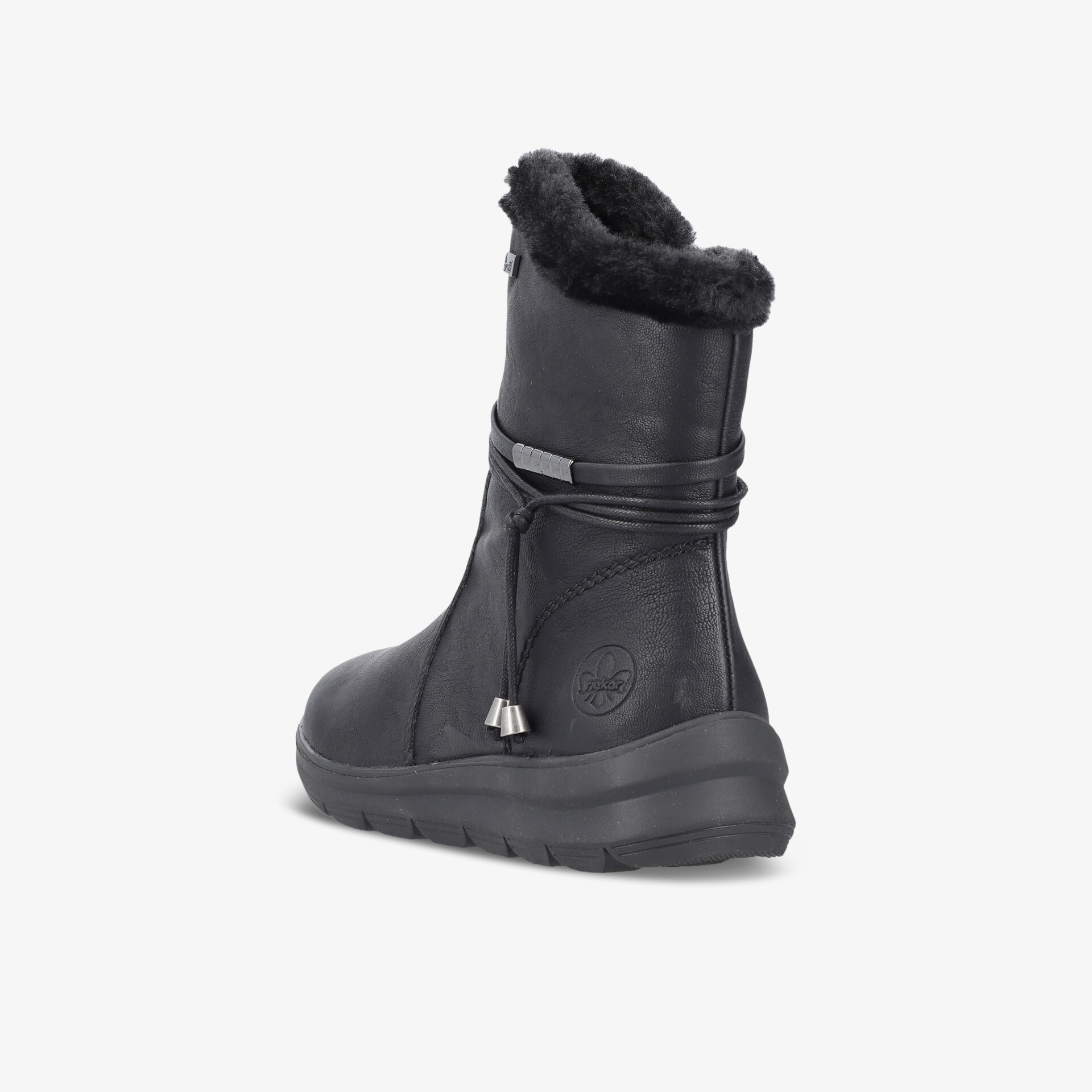 Schwarzer Winterstiefel mit warmem Innenfutter und rutschfester Sohle zeigt robuste Rückansicht