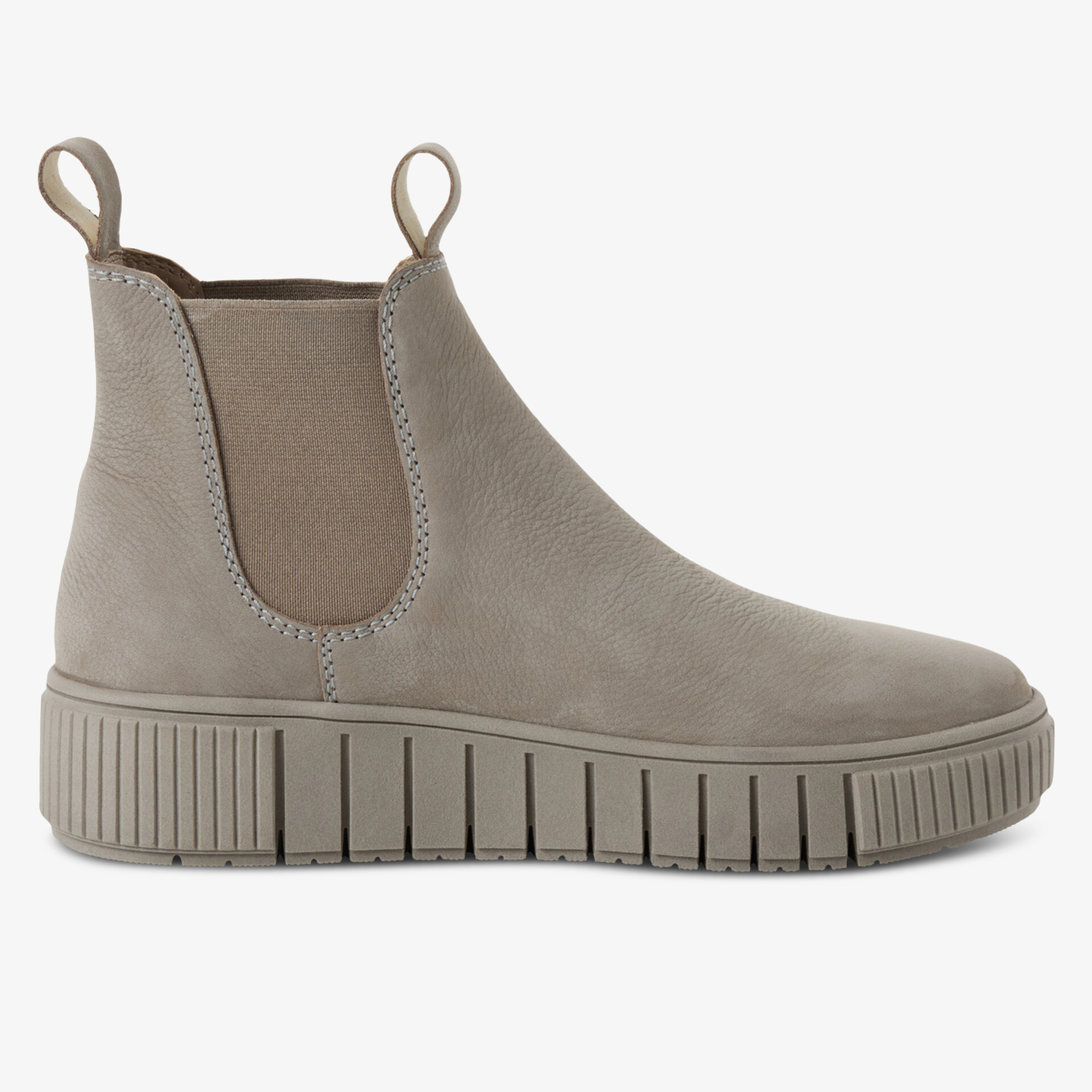 Seitliche Ansicht einer modernen, bequemen Stiefelette mit elastischen Einsätzen und rutschfester Gummisohle