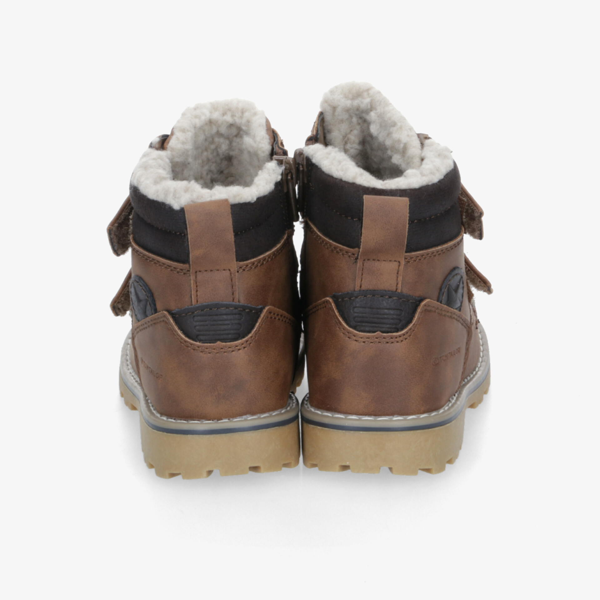 Warme braune Winterstiefel mit weichem Fellfutter und robuster Profilsohle, Rückansicht mit praktischen Klettverschlüssen