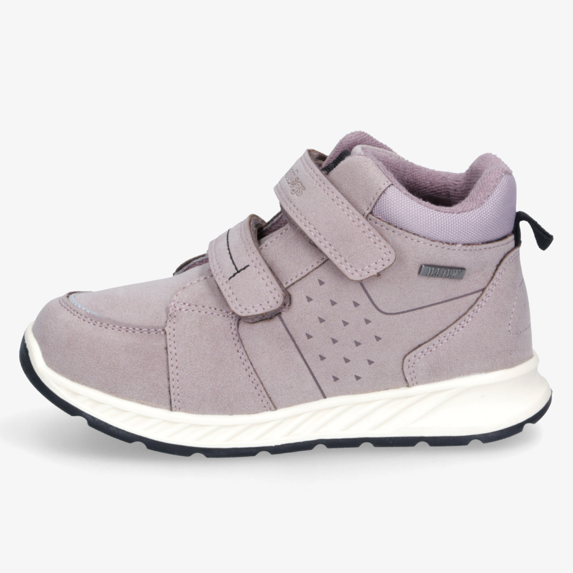 Seitliche Ansicht eines lila Freizeitschuhs mit verstellbaren Klettverschlüssen und rutschfester Sohle für hohen Tragekomfort