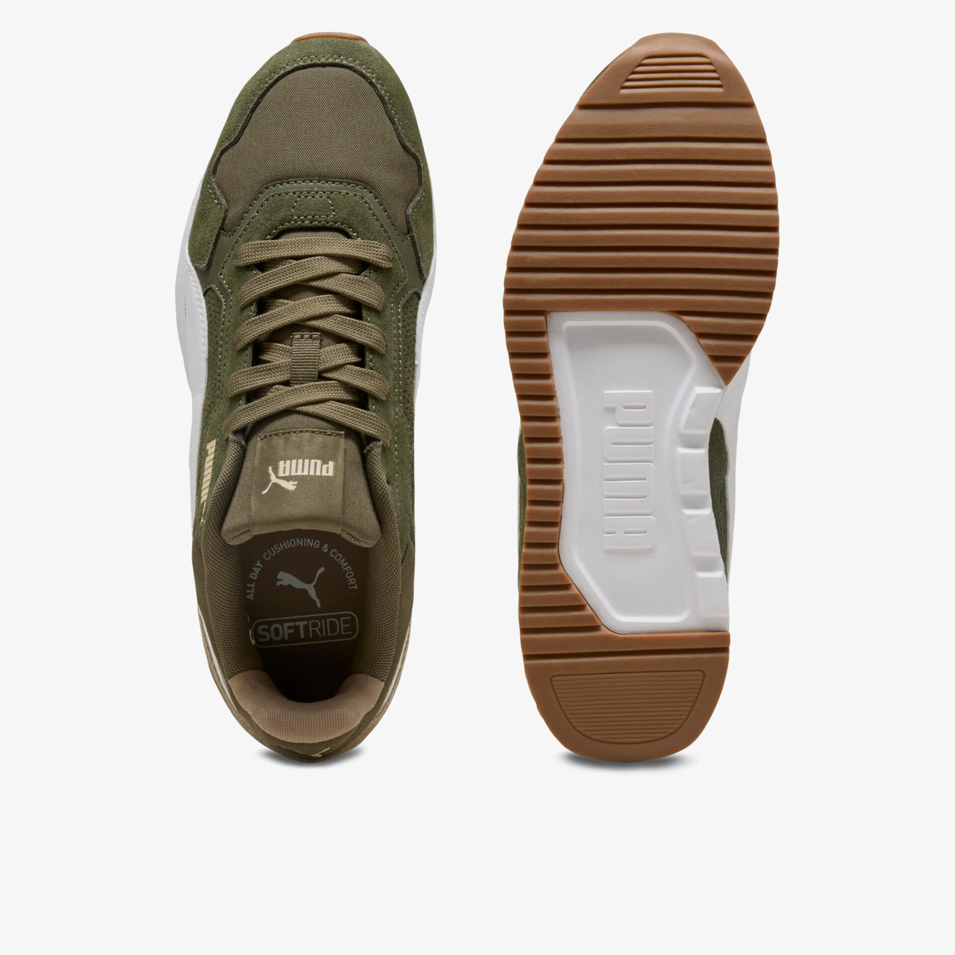 Grüner Sneaker mit sportlicher rutschfester Sohle und bequemem, leichtem Design von oben und Sohle gezeigt