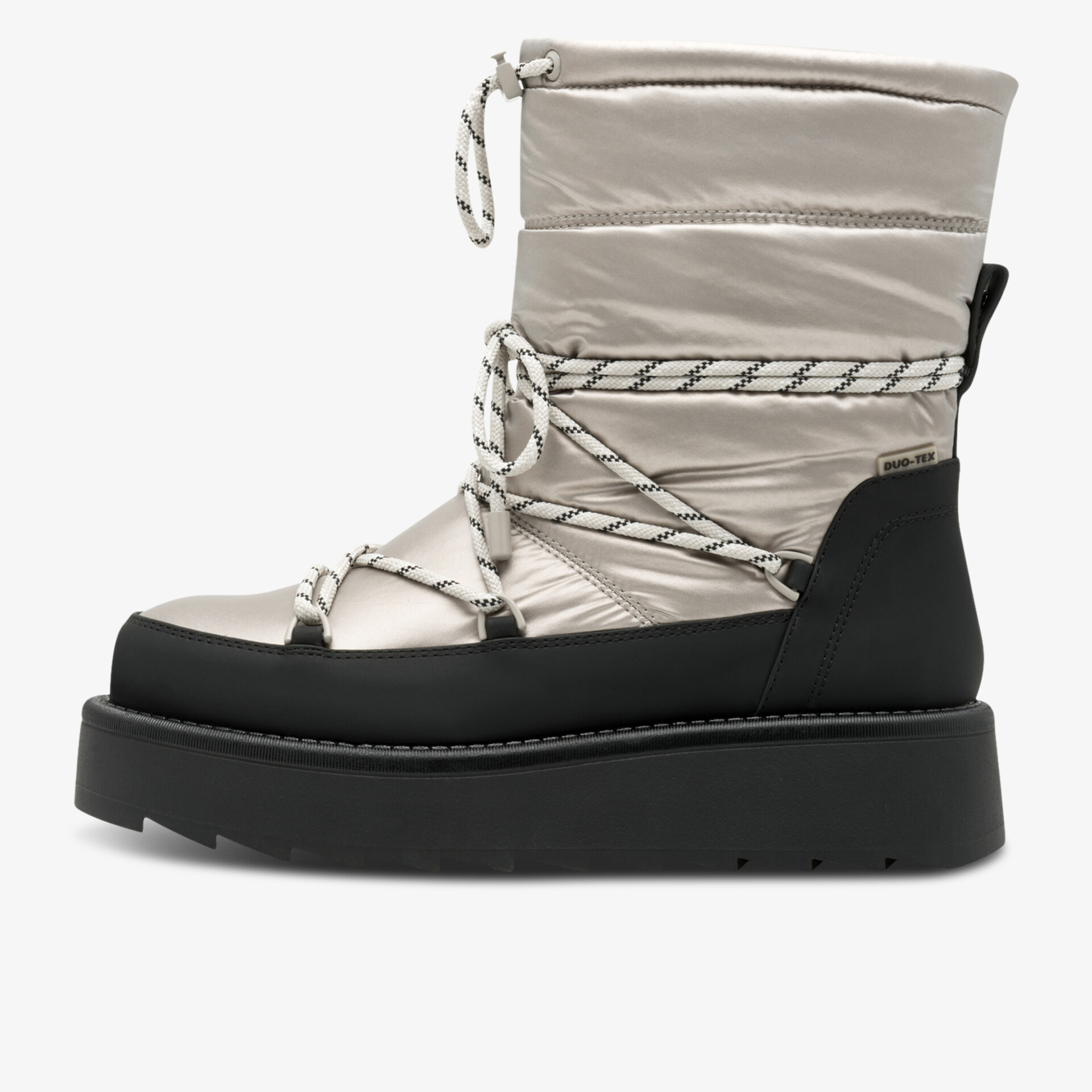Seitliche Ansicht eines warm gefütterten, wasserdichten Winterstiefels mit Schnürung und robuster, rutschfester Sohle