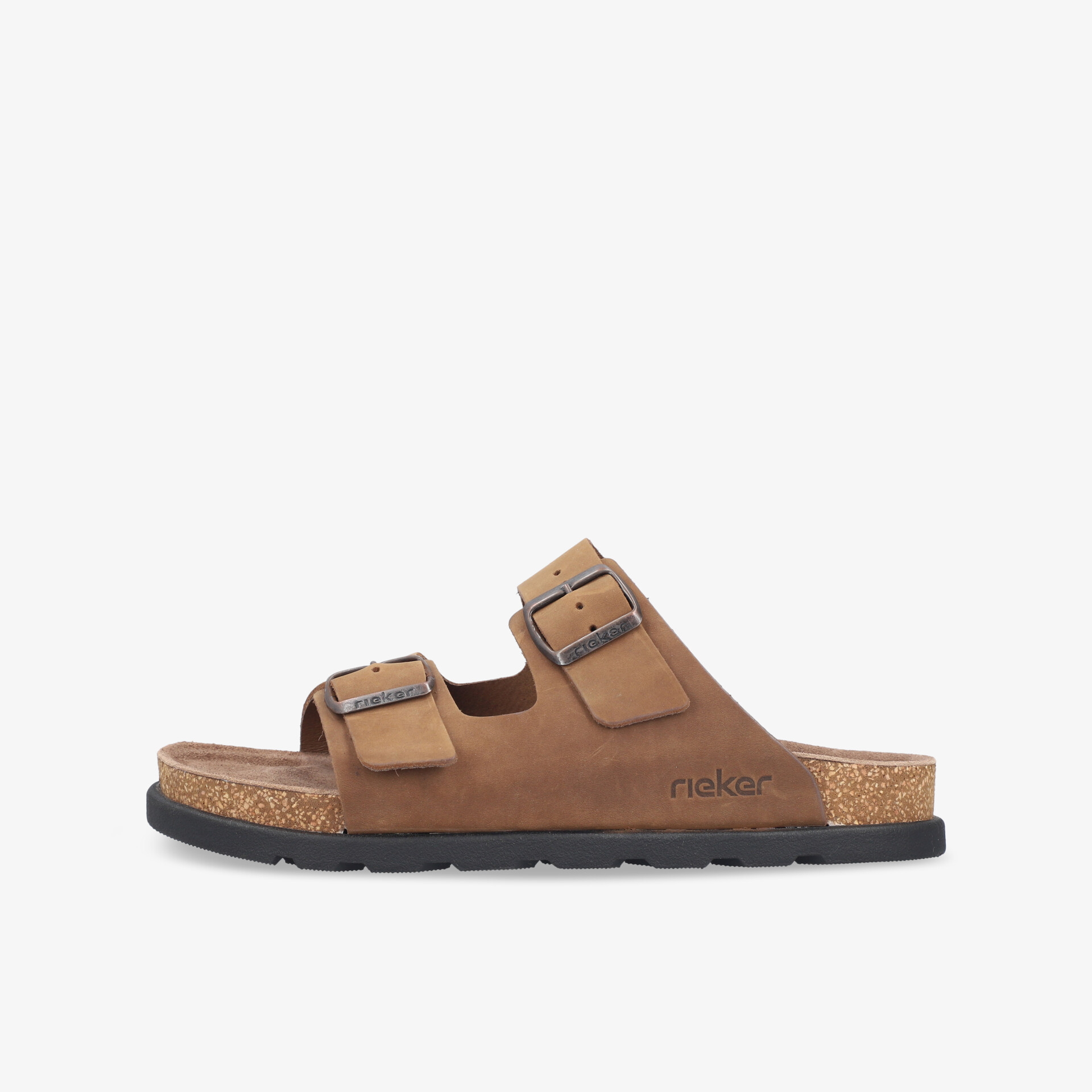 Seitliche Ansicht einer braunen Sandale mit zwei verstellbaren Schnallen und komfortablem Fußbett