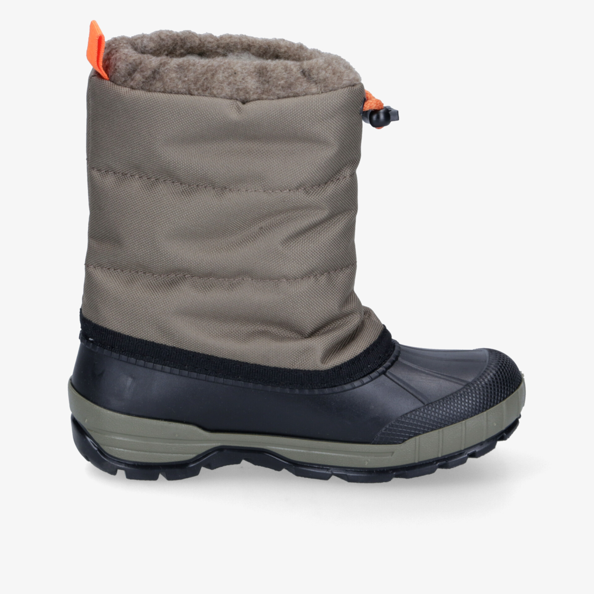 Isolierter Winterstiefel in Beige und Schwarz mit robuster Sohle und weichem Innenfutter.