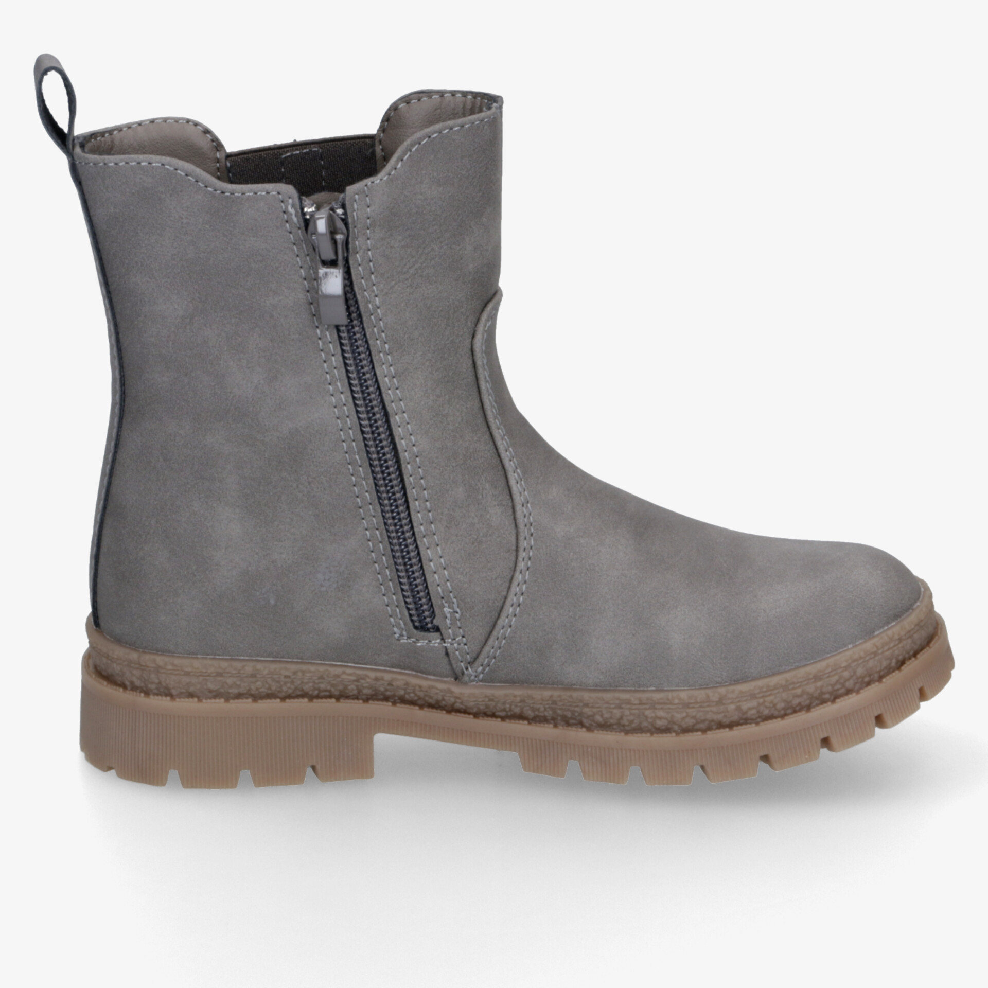 Grauer robuster Stiefel mit rutschfester profilierter Sohle und praktischem seitlichem Reißverschluss