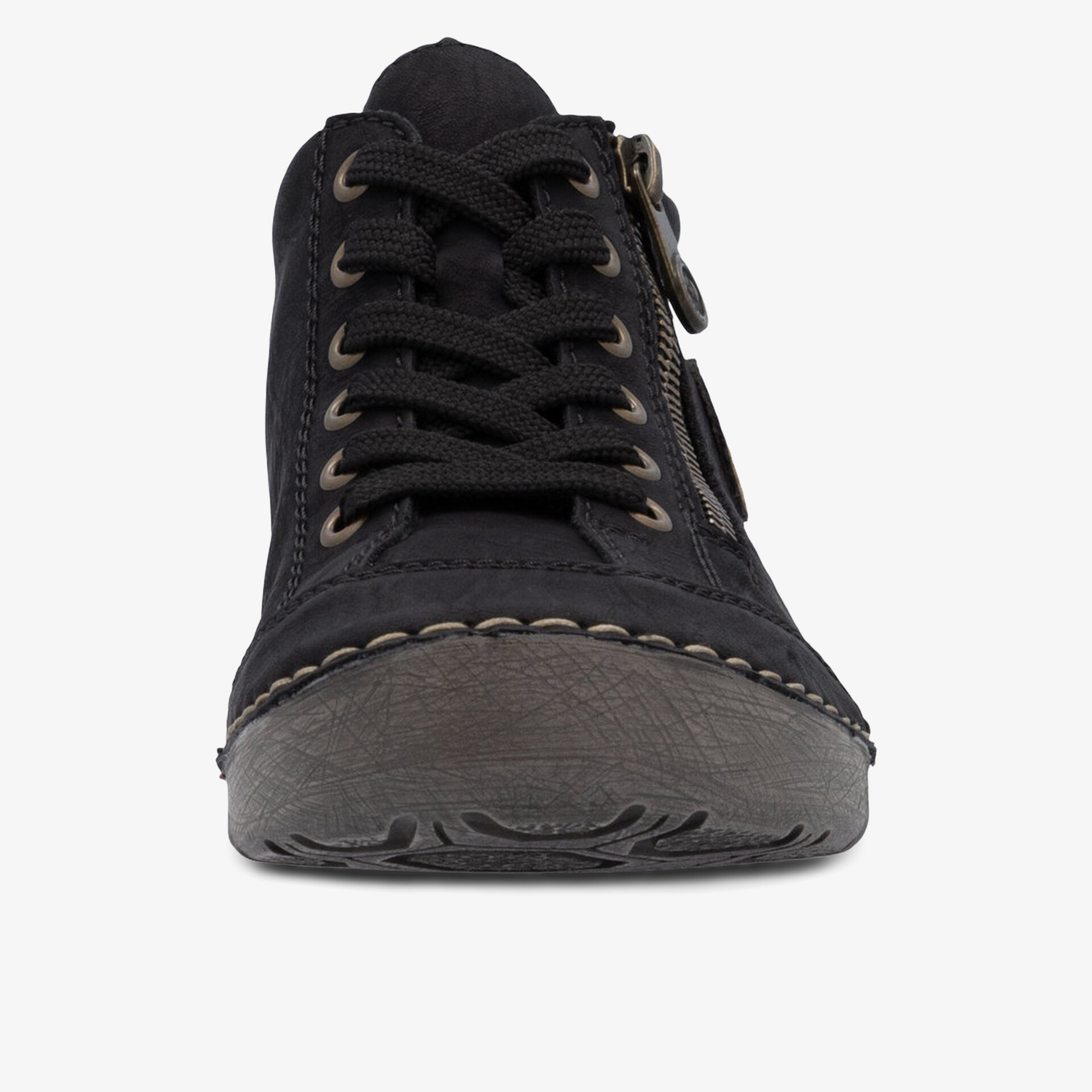 Frontale Ansicht eines robusten Schuhs mit bequemem Design und seitlichem Reißverschluss