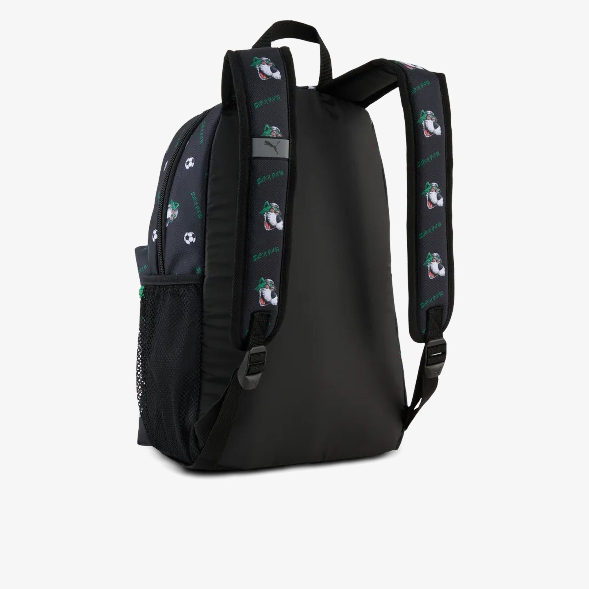 Schwarzer Rucksack mit gepolsterten Trägern und seitlichen Taschen, robust und alltagstauglich