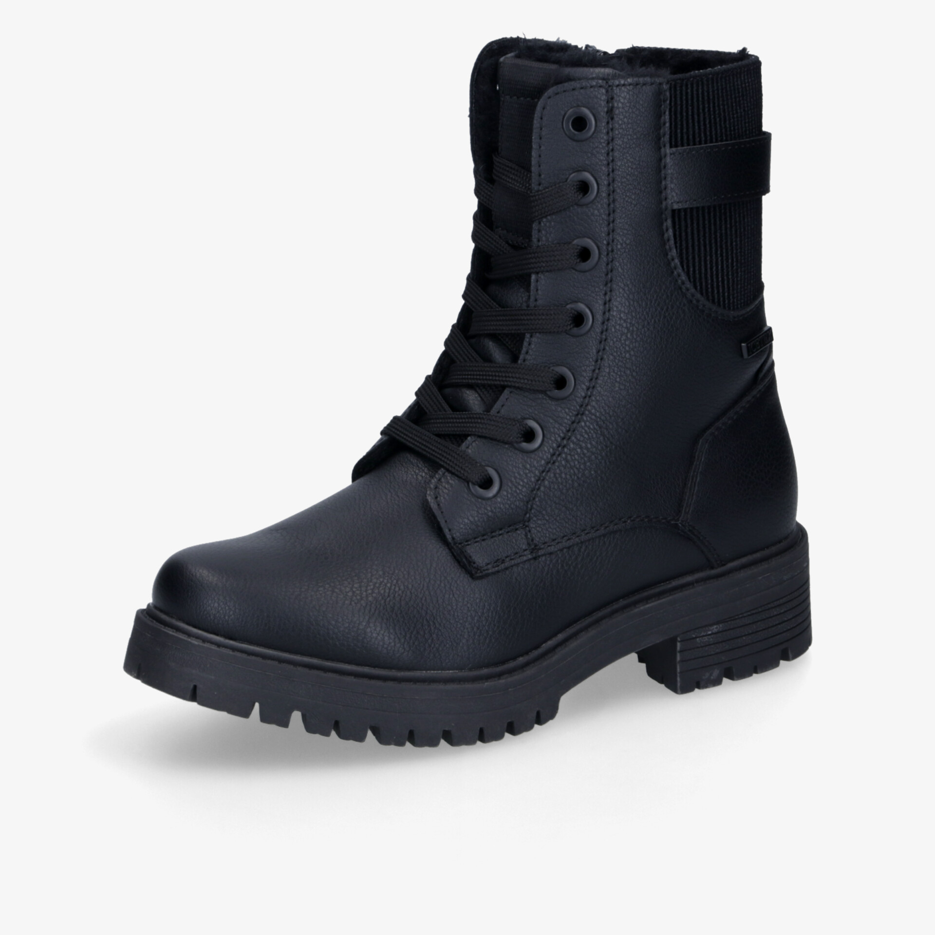 Schwarzer robuster Stiefel mit hohem Schaft, Schnürverschluss und profilierter Sohle für optimalen Halt