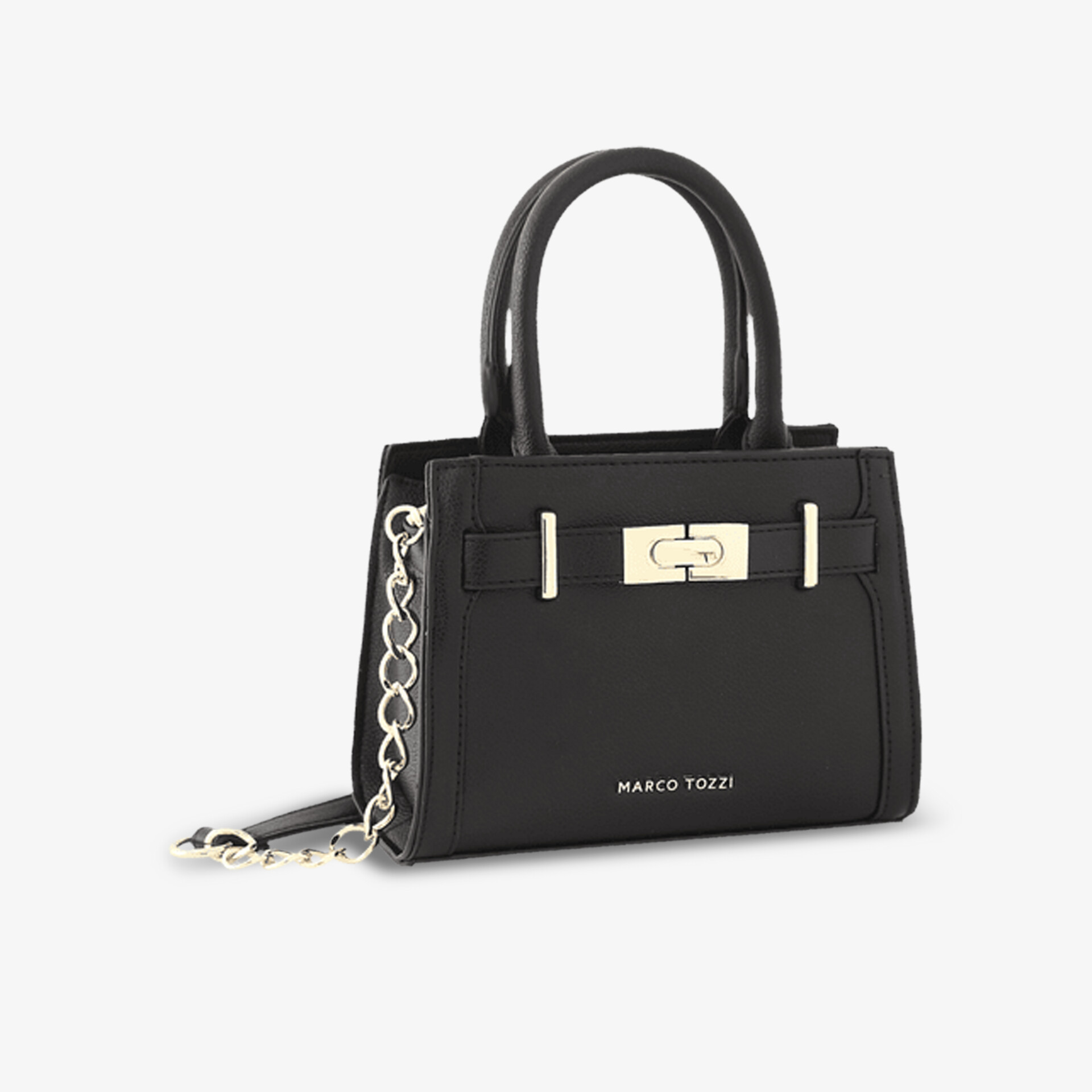 Elegante schwarze Handtasche mit kompaktem Design, Metallakzenten und Schulterkette, ideal für verschiedene Anlässe