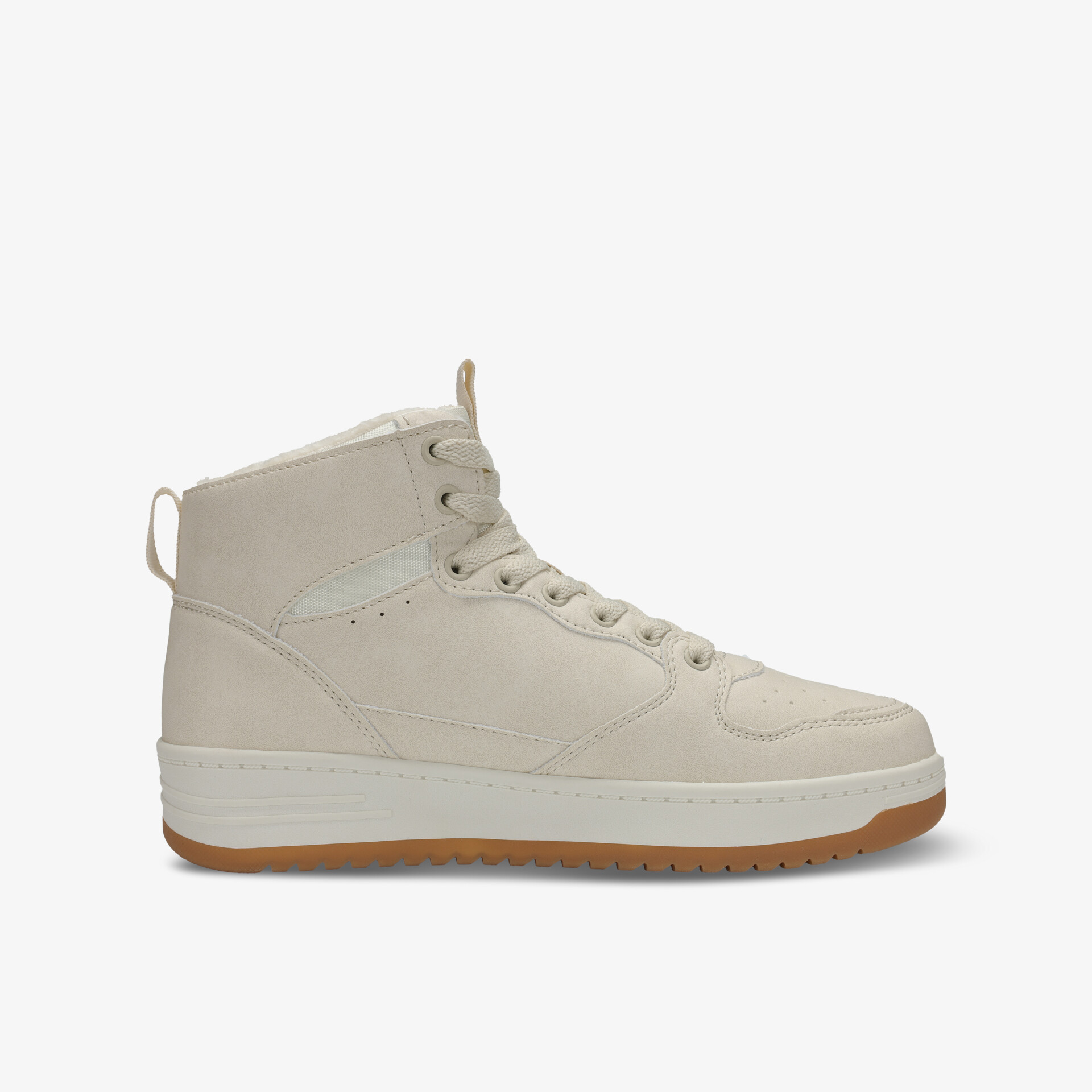 Beiger hoher Sneaker in klarer seitlicher Ansicht, sportlich und komfortabel mit moderner Profilsohle