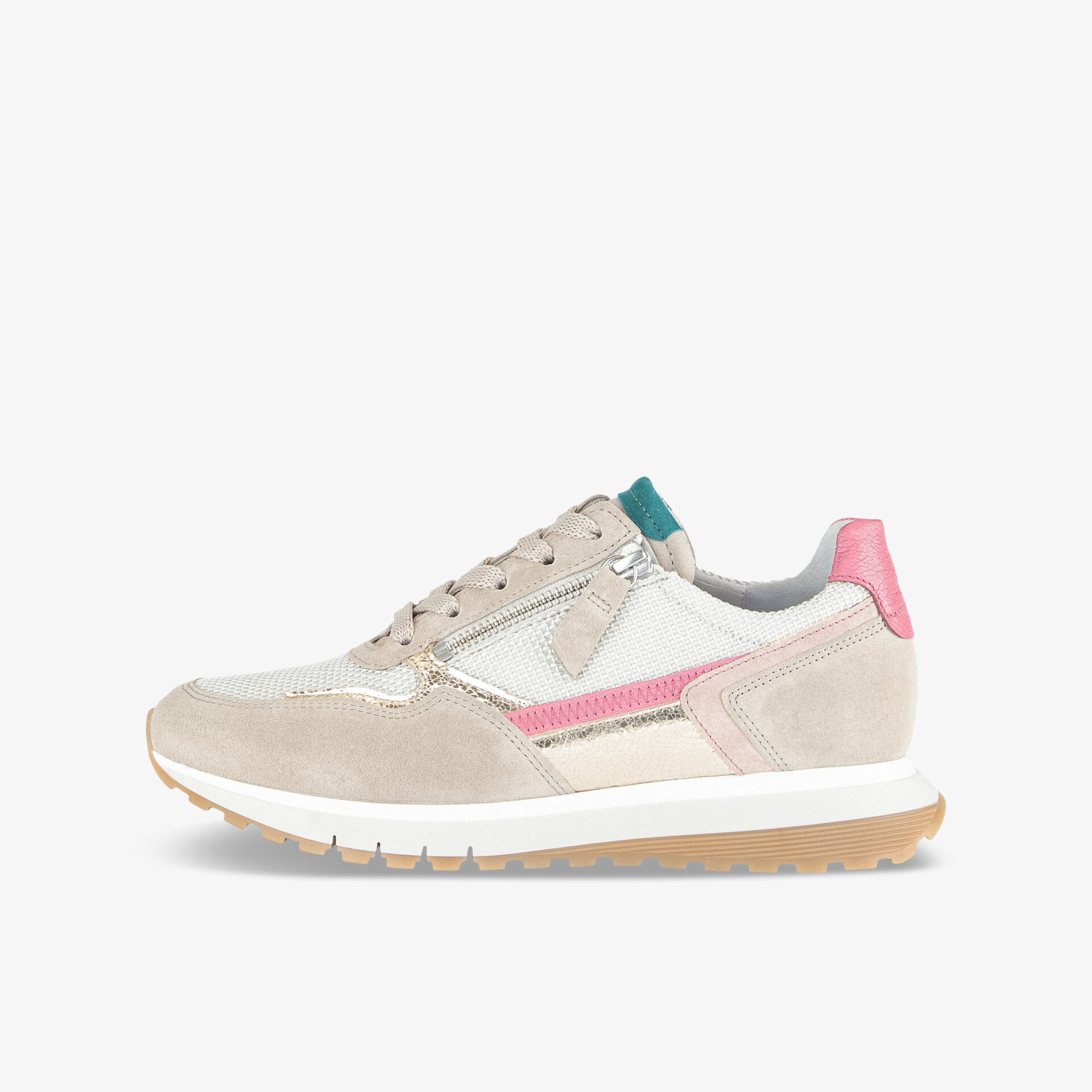 Beiger Sneaker mit bequemer Sohle und farbigem Akzent in klarem seitlichen Profil